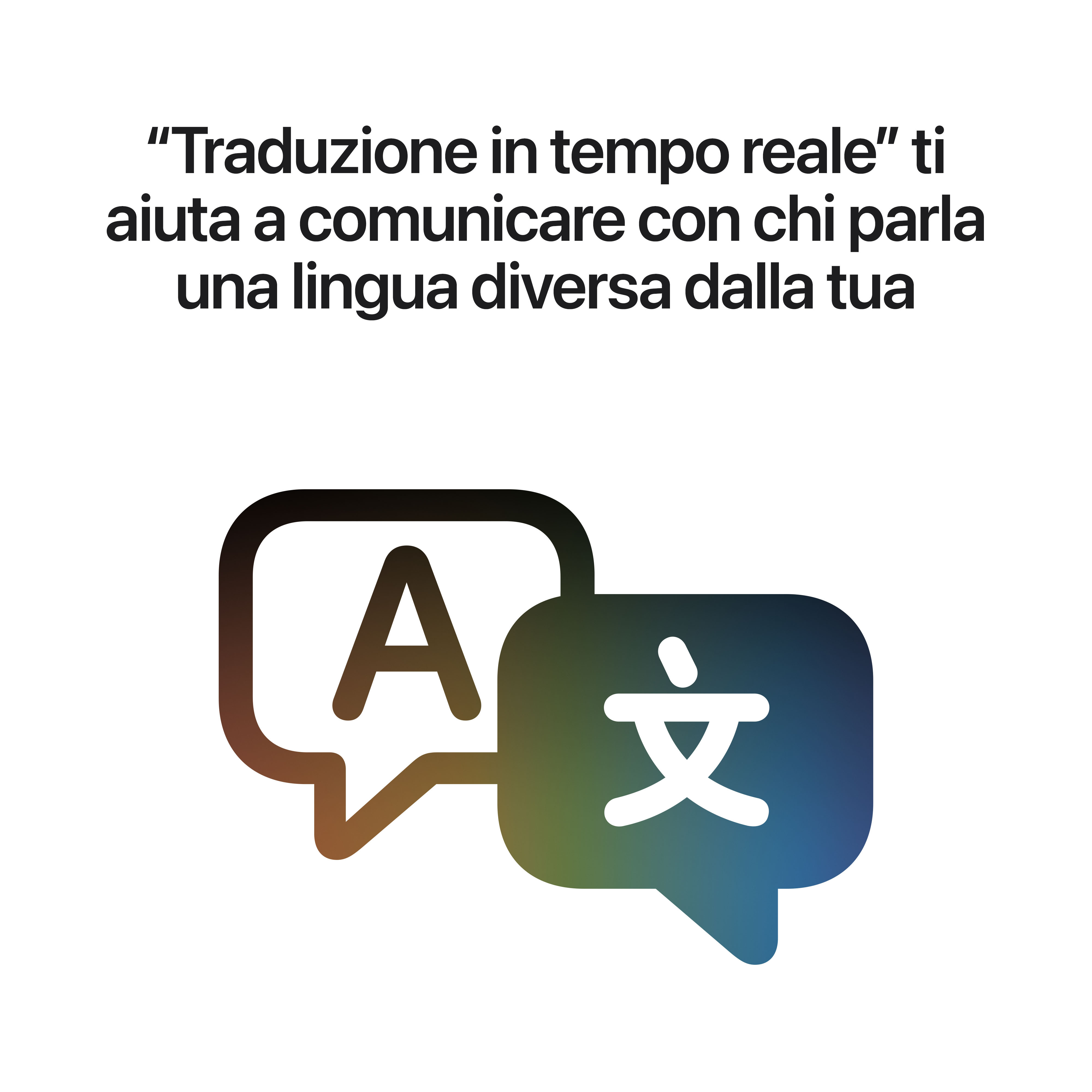 Testo in italiano sulla traduzione in tempo reale con due fumetti sovrapposti contenenti la lettera A e un simbolo.