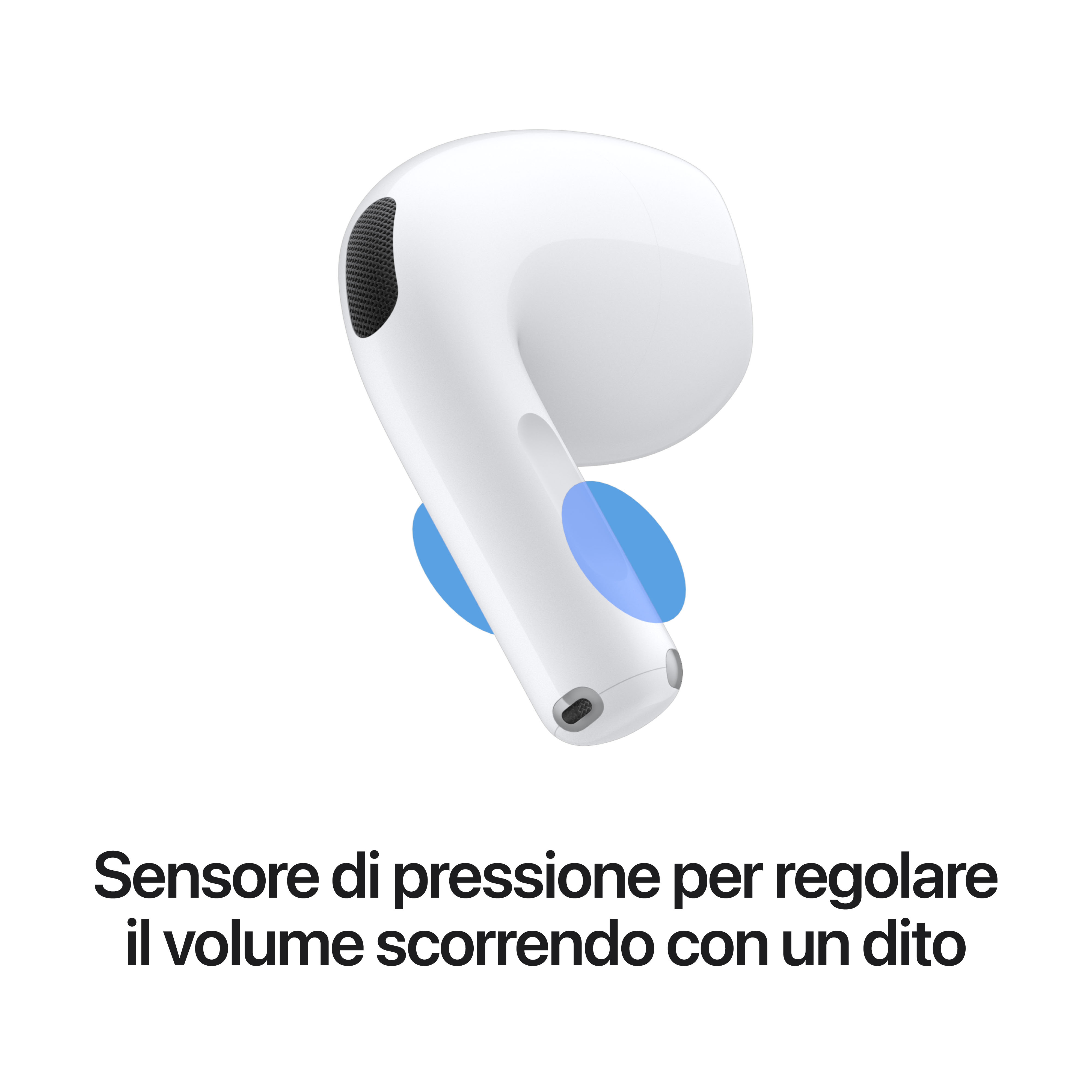 Auricolare bianco con sensori touch blu e testo in italiano.
