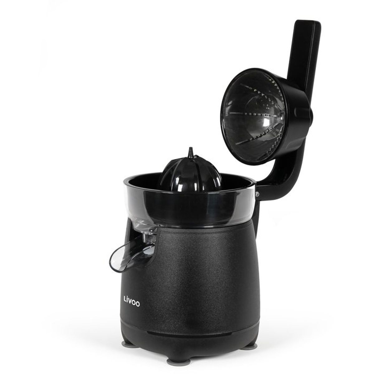 Spremiagrumi elettrico nero con braccio di pressione aperto su sfondo bianco.