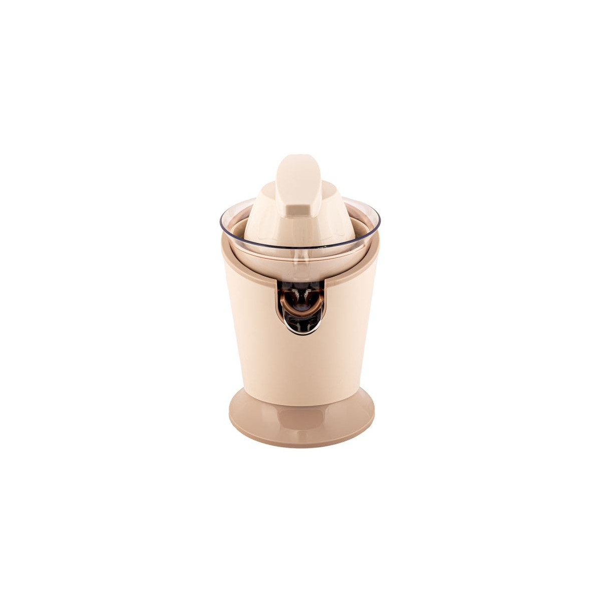 Uno spremiagrumi elettrico beige e marrone si trova su uno sfondo bianco.