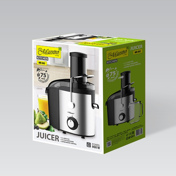 Confezione del Maestro Juicer MR-805 con centrifuga in acciaio inox, frutta fresca e bicchiere di succo.