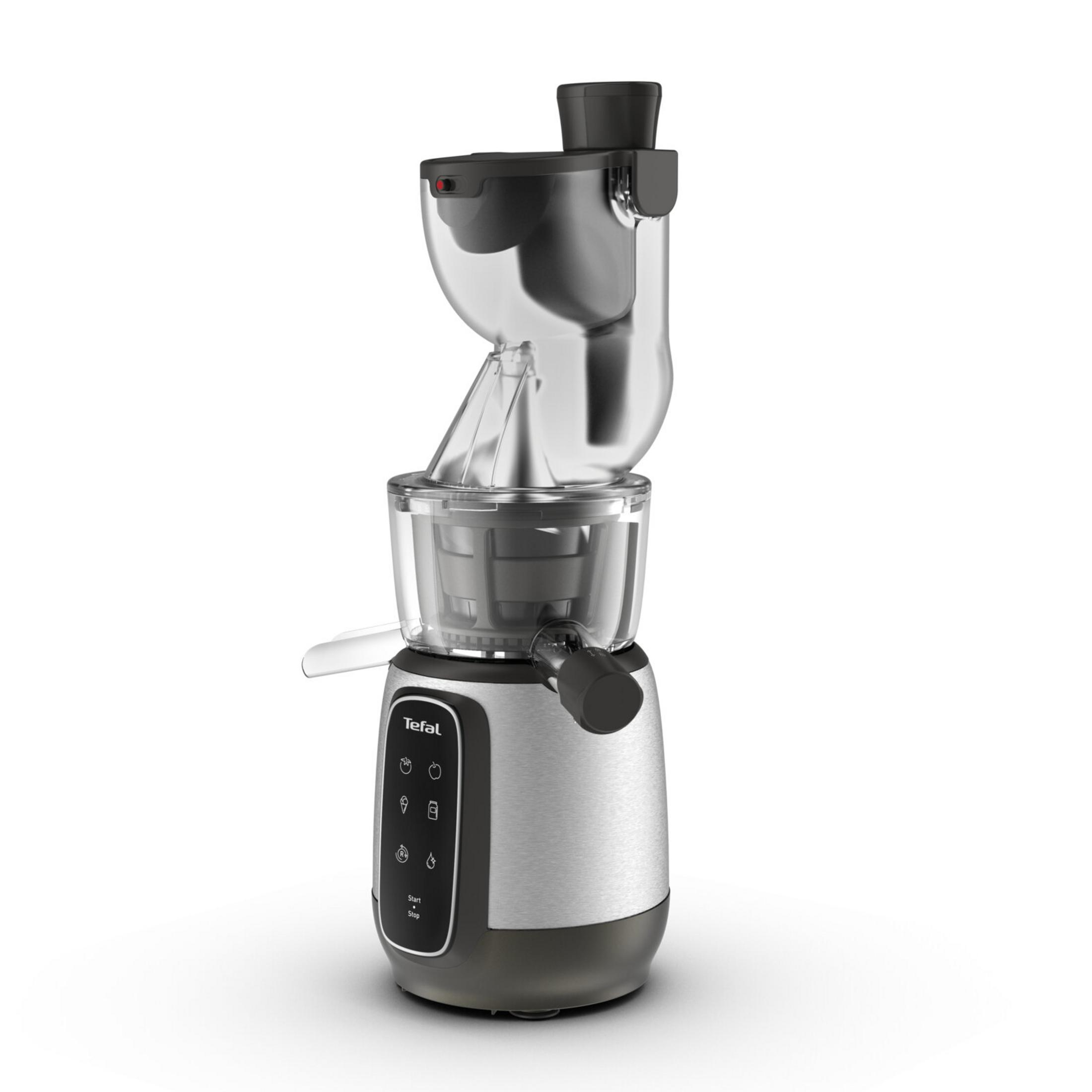 Moderna centrifuga Tefal argento e nera su sfondo bianco.
