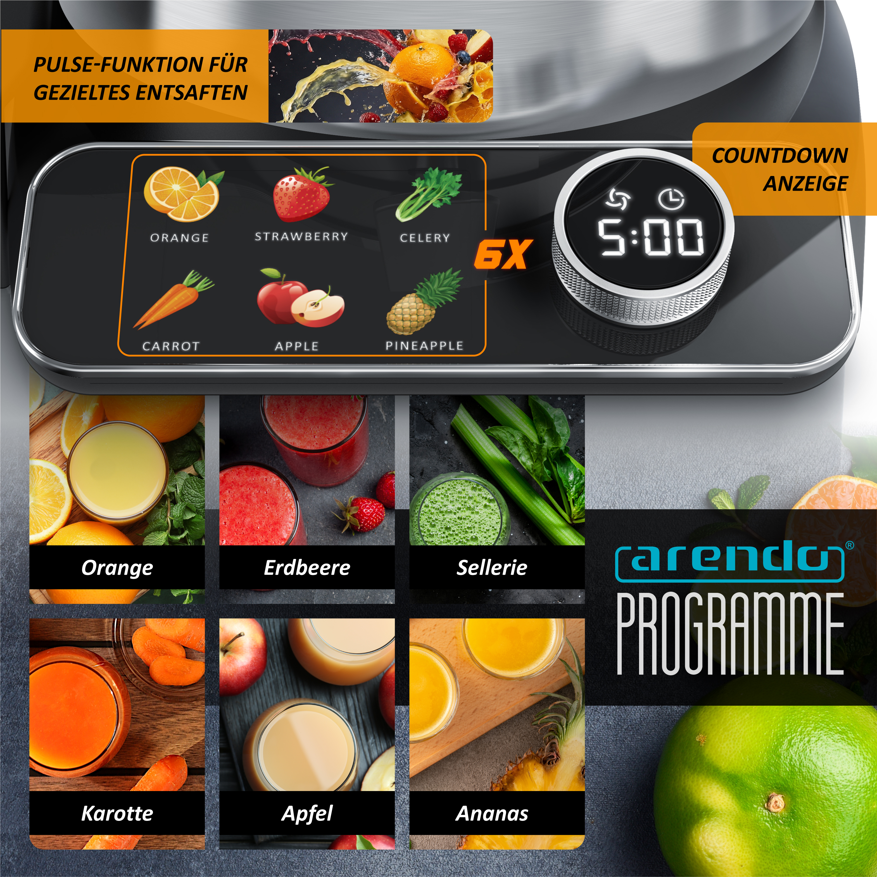 Display eines Entsafters mit Frucht-Icons, Timer und Bildern verschiedener Säfte wie Orange, Karotte und Ananas.