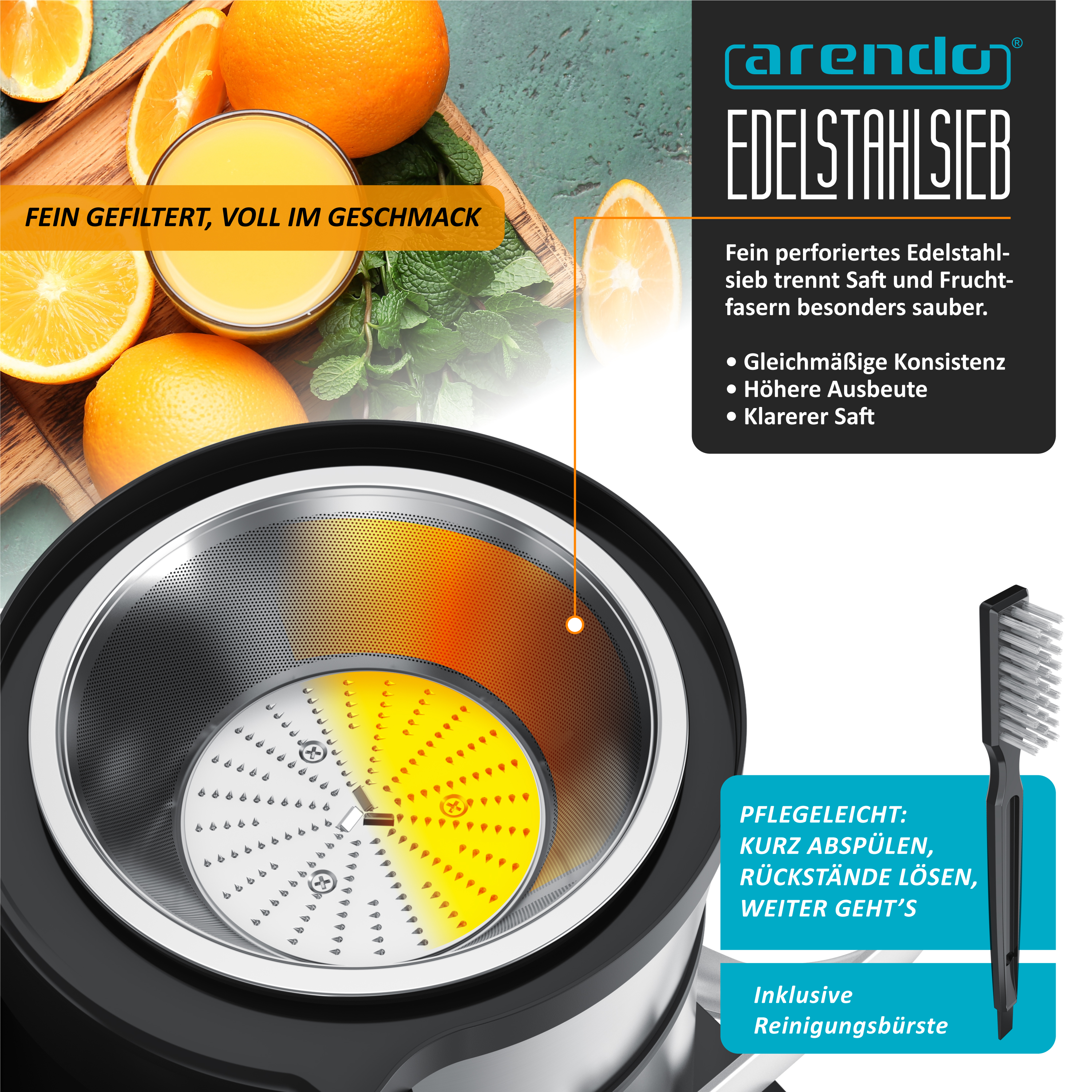 Arendo Edelstahl-Sieb für Saftpresse mit Orangen, Saftglas, Minze und Reinigungsbürste auf dunklem Hintergrund.