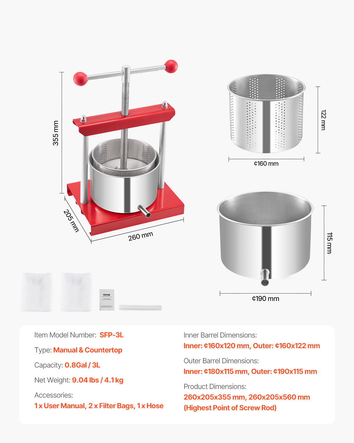 Exprimidor - VEVOR SFP, 3 l, Rojo