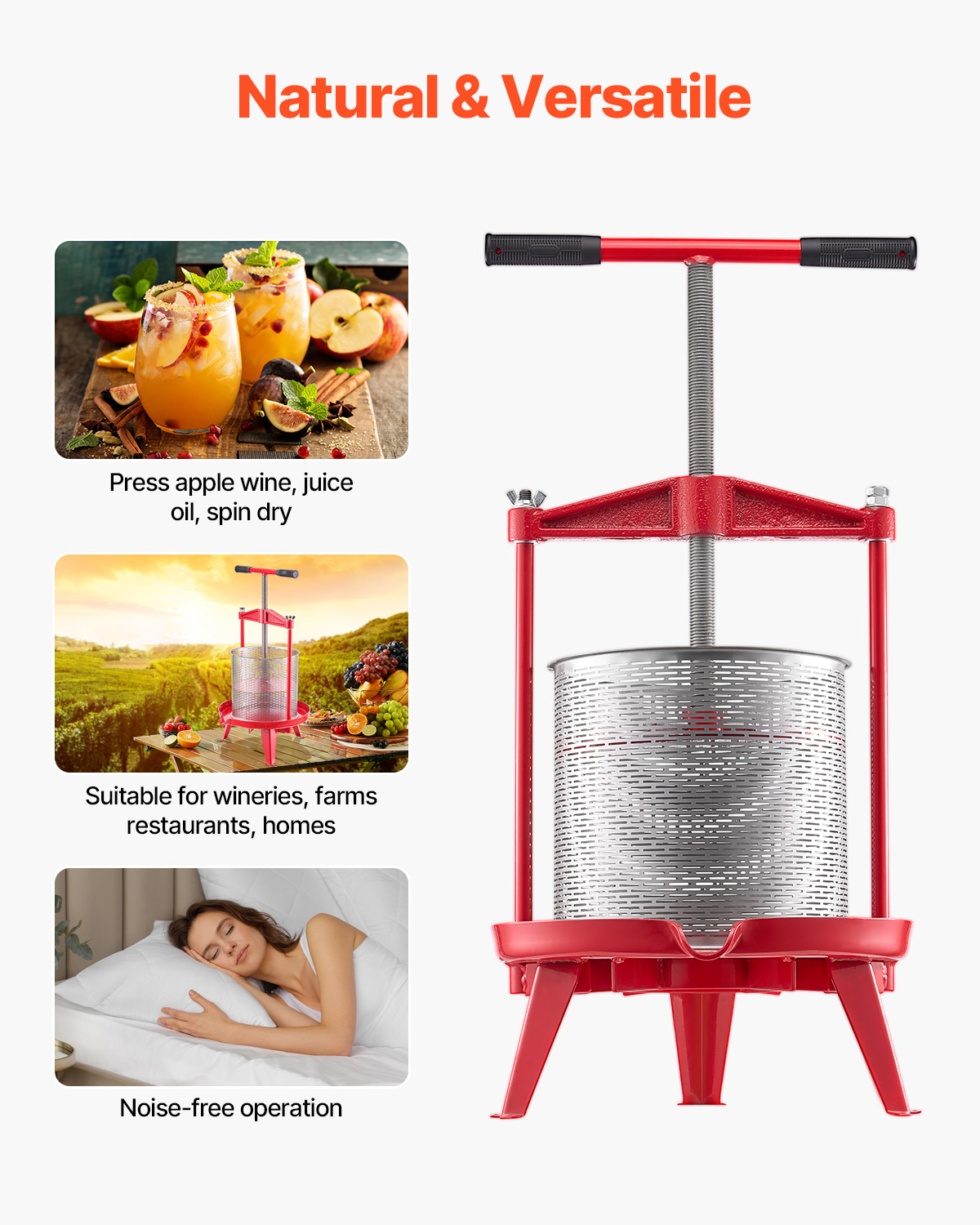 Una prensa de frutas roja y plateada con tres imágenes pequeñas que muestran jugo, un viñedo y una persona durmiendo.