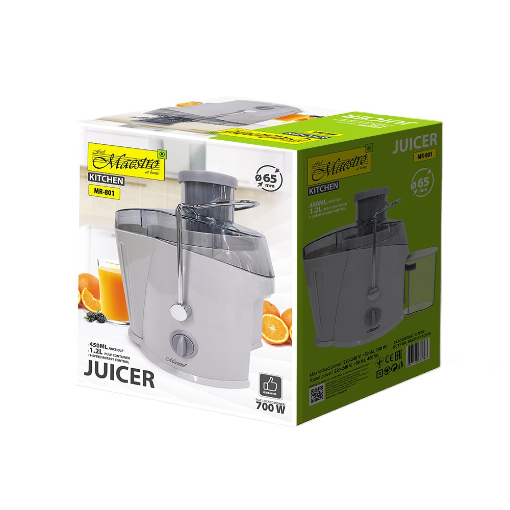 Scatola di imballaggio di una centrifuga grigia Maestro con arance e succo.