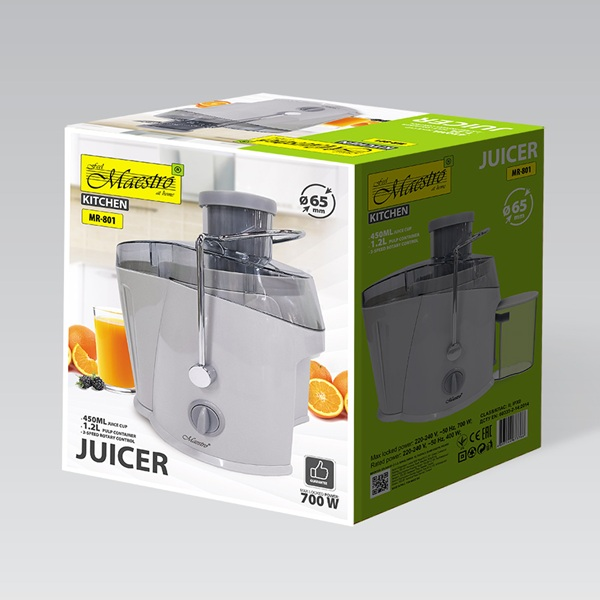 Scatola bianca e verde per centrifuga Maestro con immagini del prodotto, arance e specifiche tecniche.