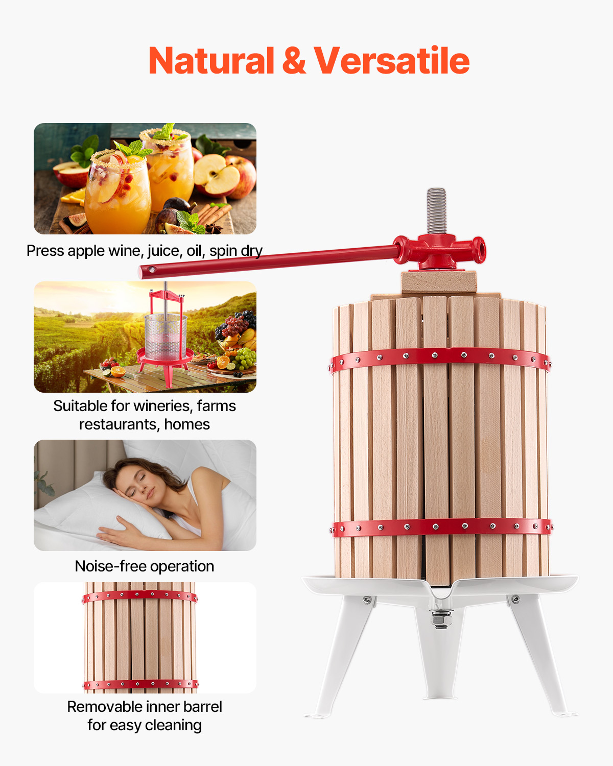Una prensa de fruta de madera con detalles rojos muestra su uso, funcionamiento silencioso y fácil limpieza.
