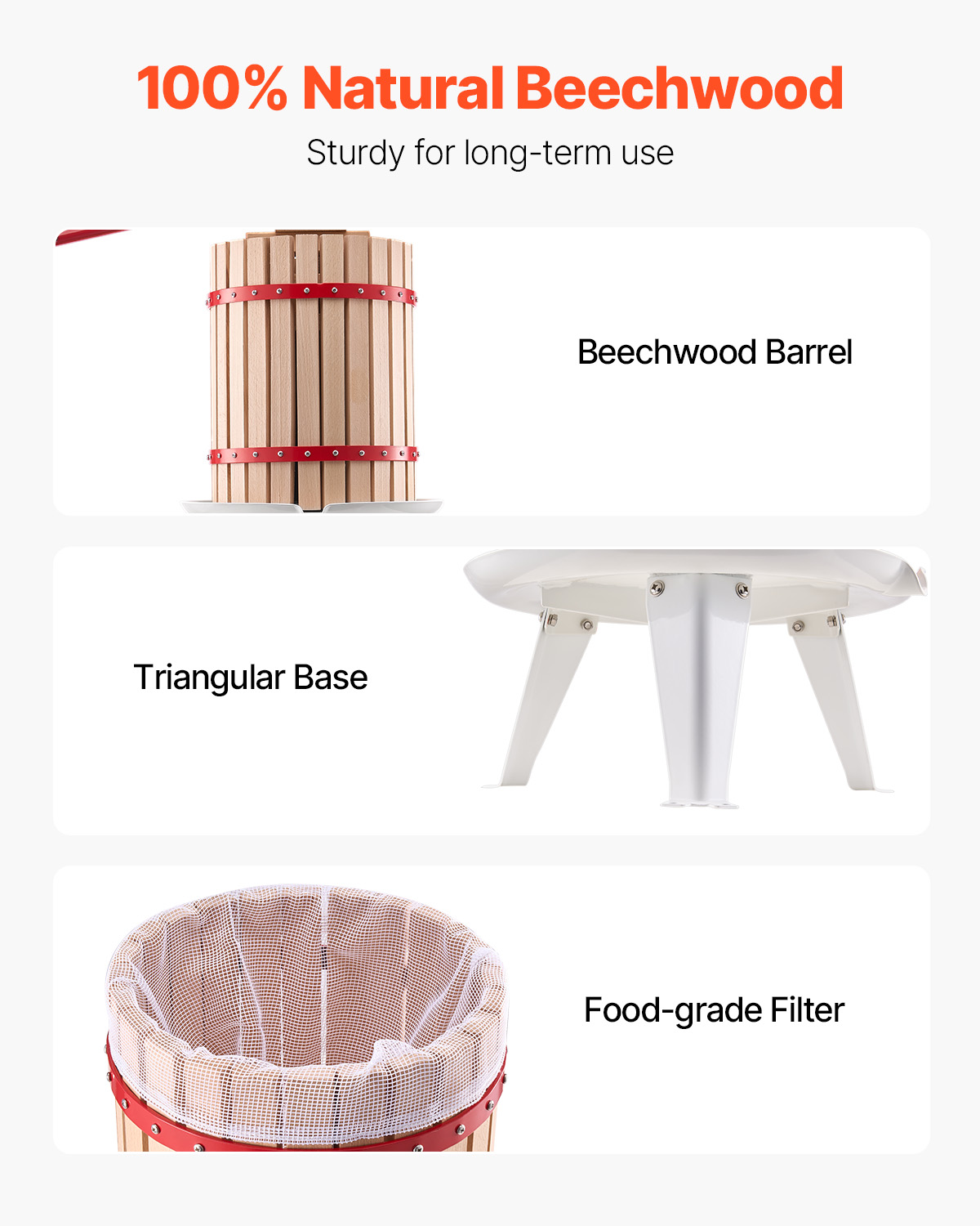 Características: barril de haya, base triangular y filtro apto para alimentos.