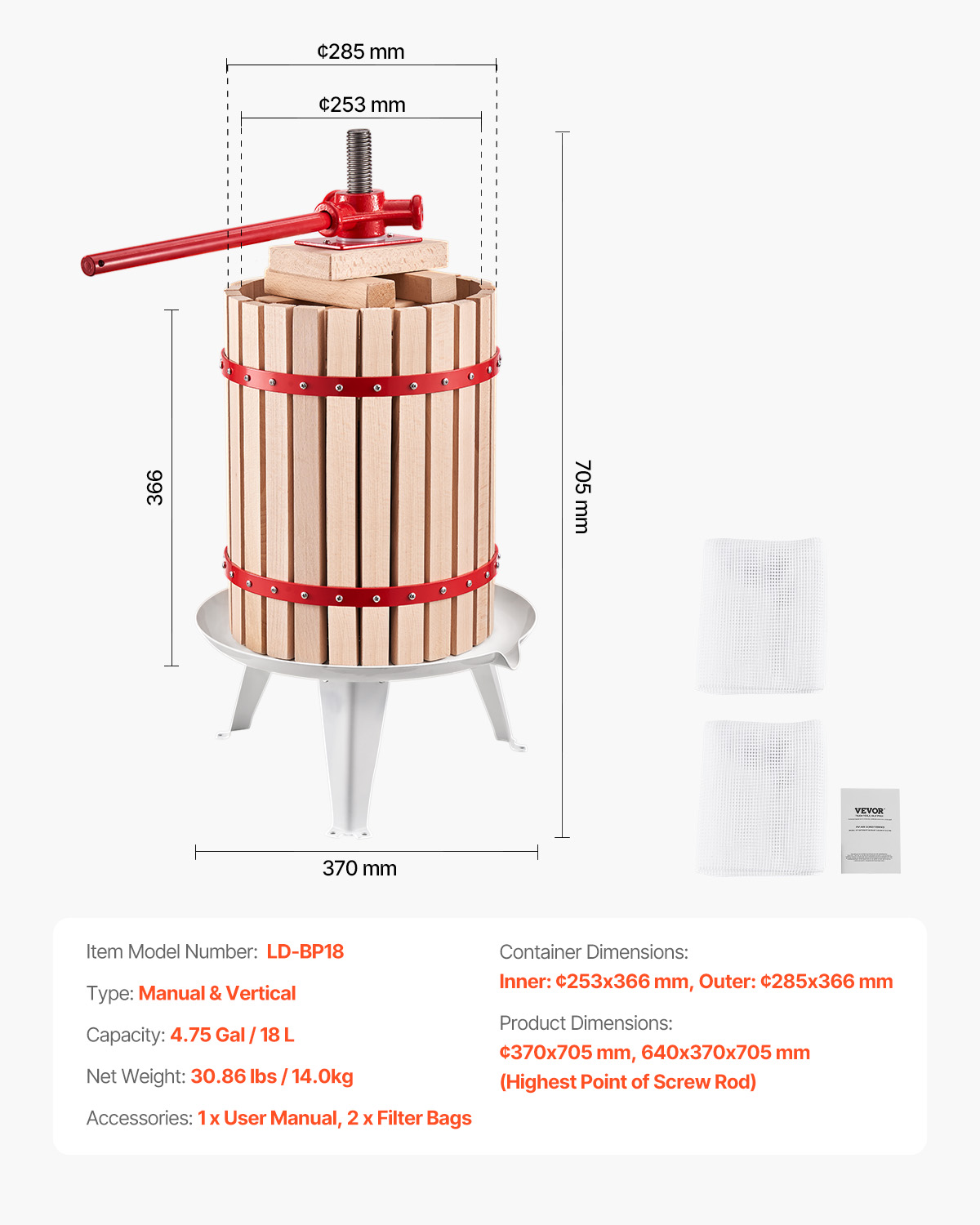 Dibujo técnico y dimensiones de una prensa de fruta manual de madera con mango rojo y accesorios.