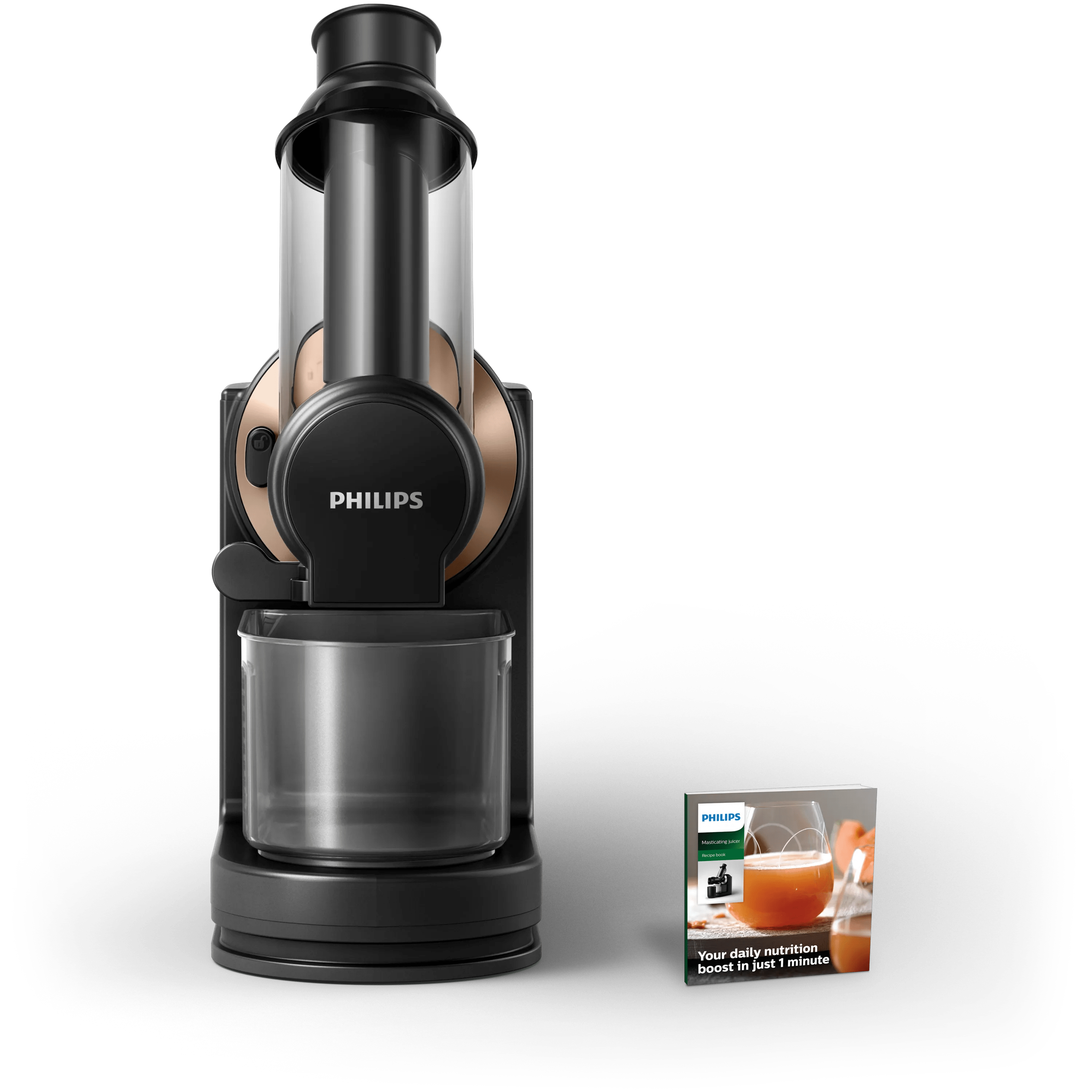 Centrifuga Philips nera con contenitore trasparente e ricettario su sfondo bianco.