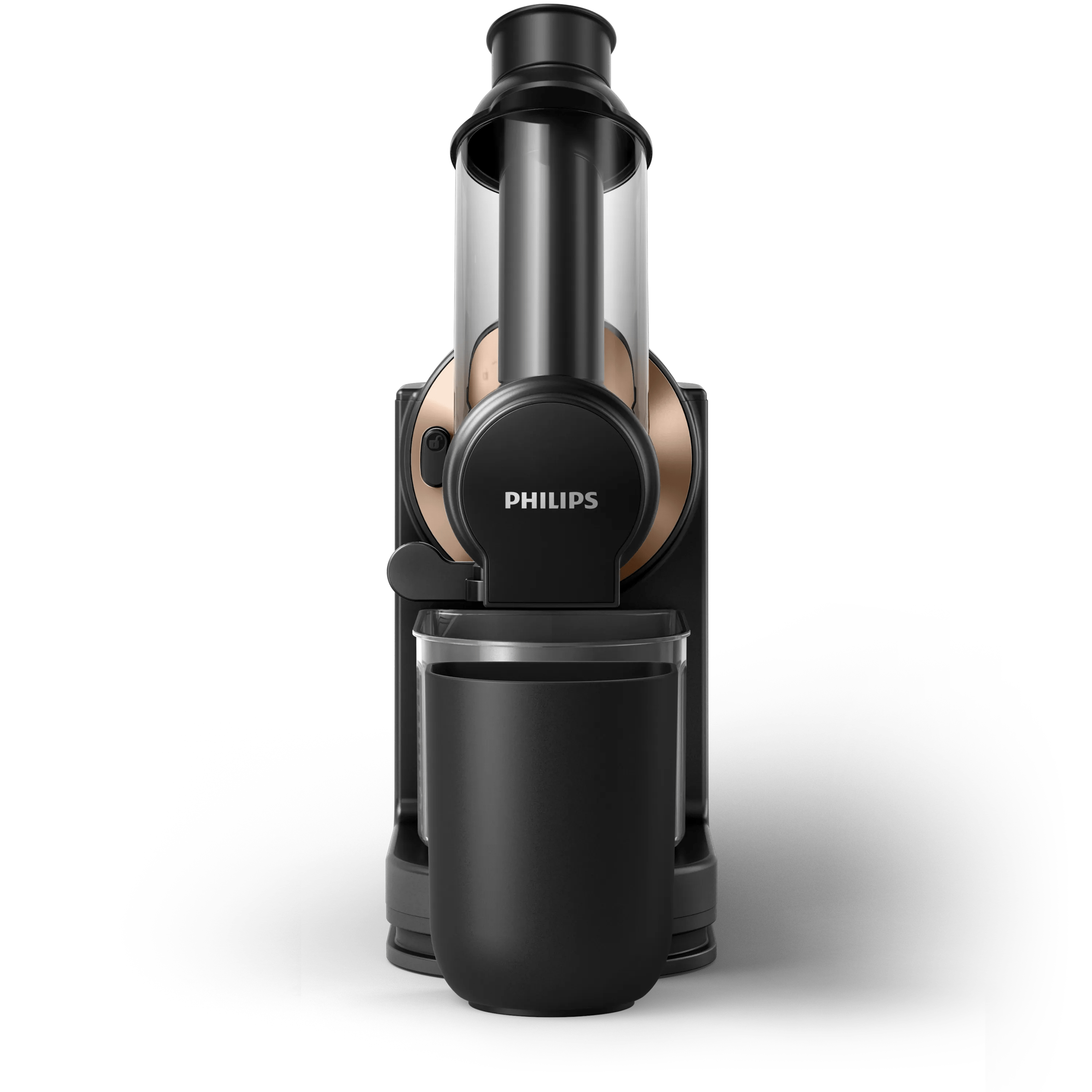 Vista frontale di una centrifuga Philips nera su sfondo bianco.