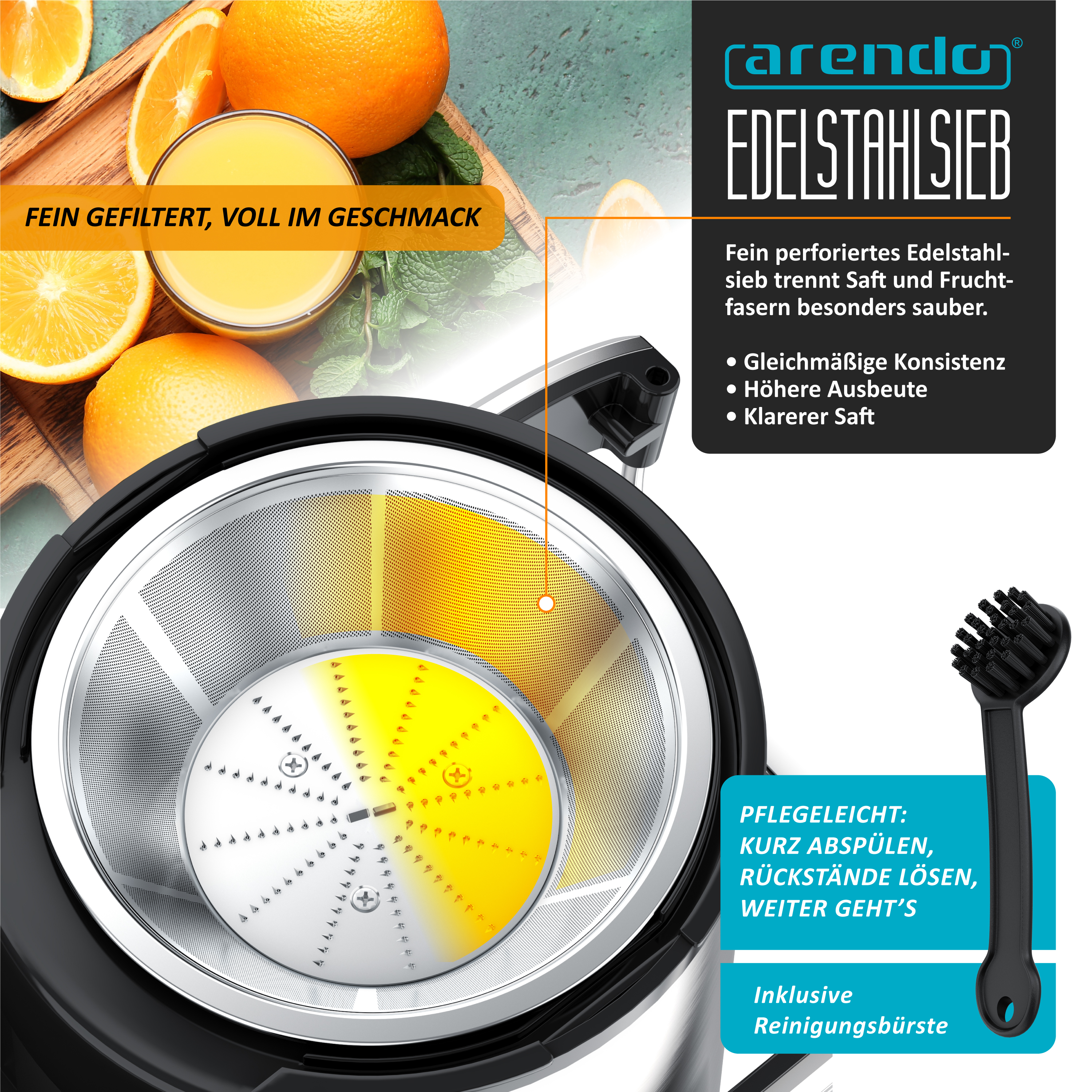 Edelstahlsieb eines Entsafters, Orangen im Hintergrund, Textfelder und Reinigungsbürste.