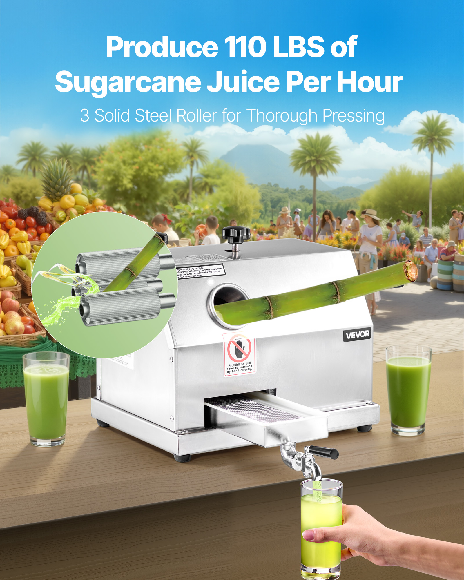 Un exprimidor de caña de azúcar de acero inoxidable con jugo. Un inserto muestra rodillos aplastando la caña.