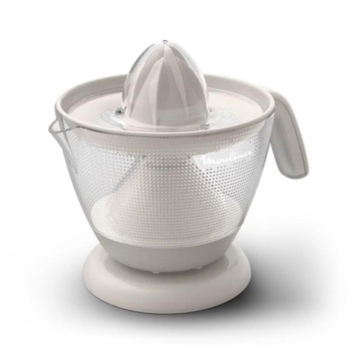 Un spremiagrumi elettrico bianco con contenitore trasparente e manico su sfondo bianco.