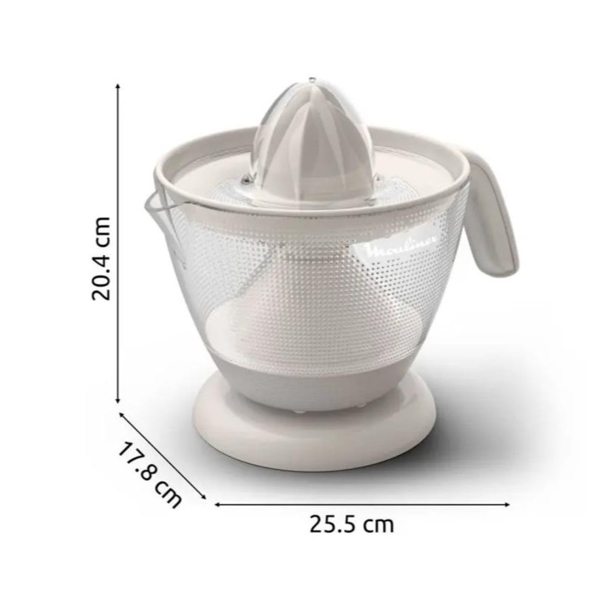 Spremiagrumi elettrico bianco e trasparente con dimensioni indicate.