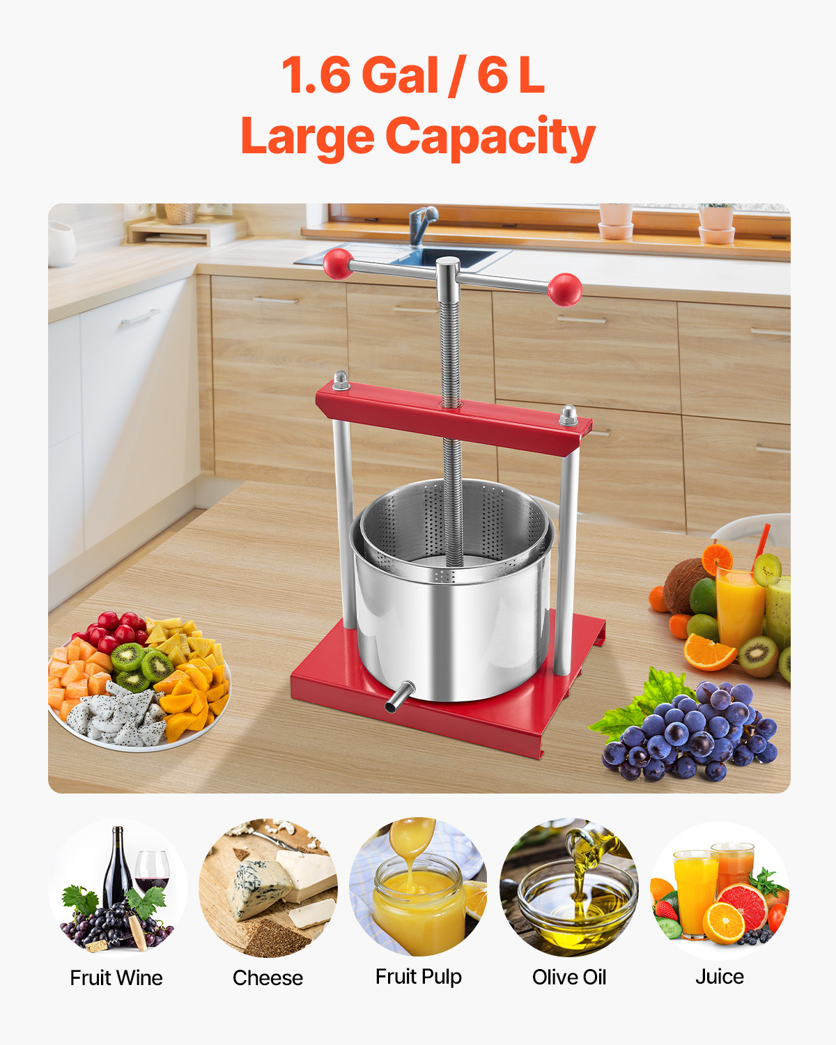 Una prensa de frutas de acero inoxidable en una mesa de cocina, rodeada de frutas y jugos.