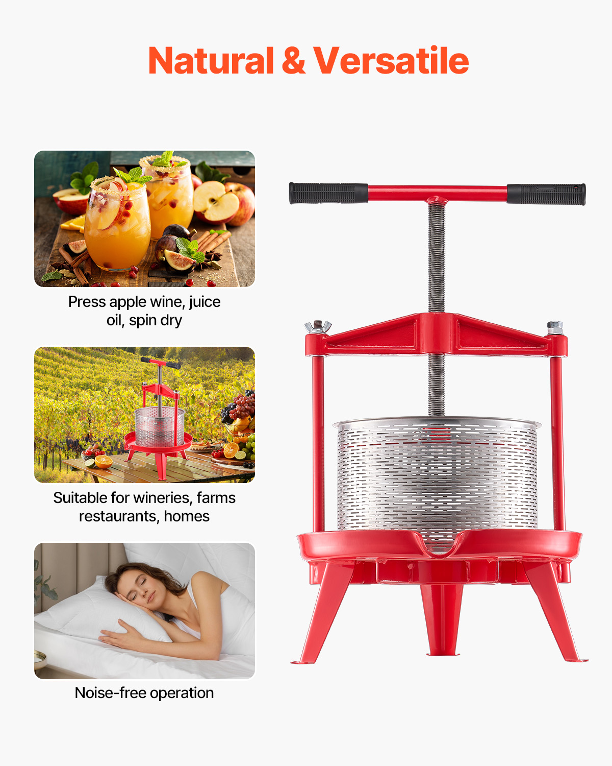 Una prensa de fruta manual roja con imágenes de jugo, un viñedo y una persona durmiendo.