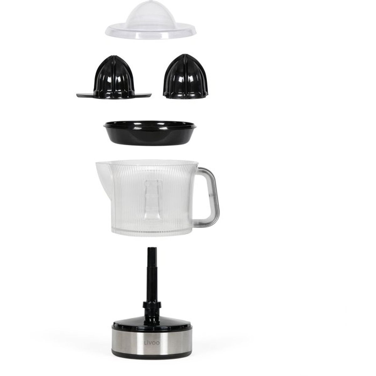 Vista esplosa di uno spremiagrumi elettrico con base, caraffa, colino, coni e coperchio su sfondo bianco.