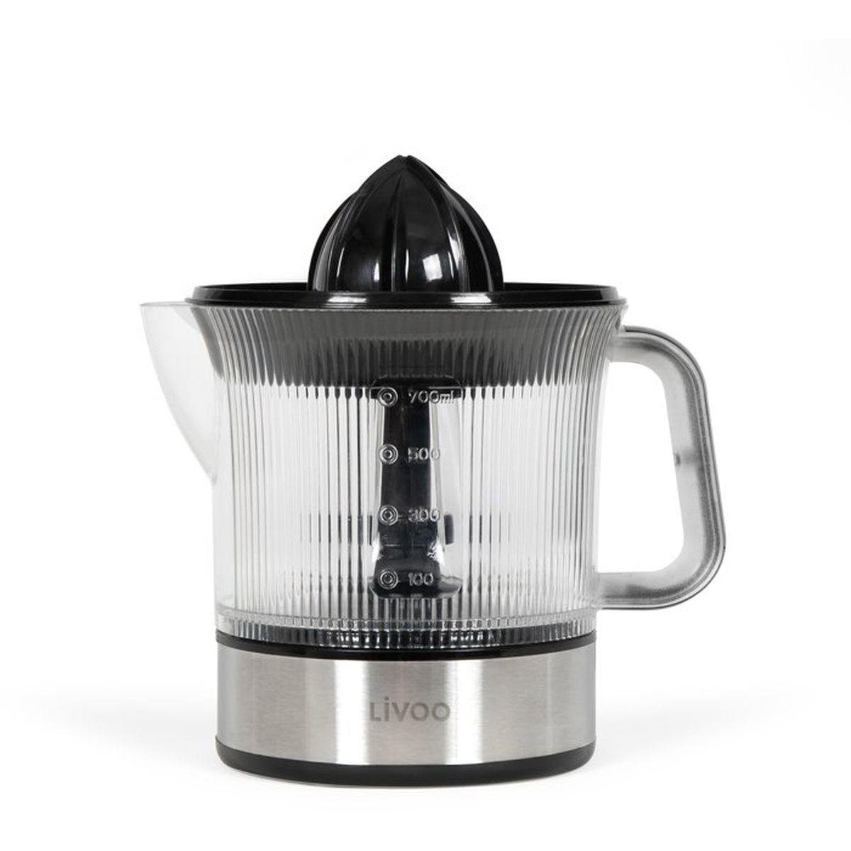 Spremiagrumi elettrico con contenitore trasparente, cono nero e base in metallo argentato con logo Livoo.