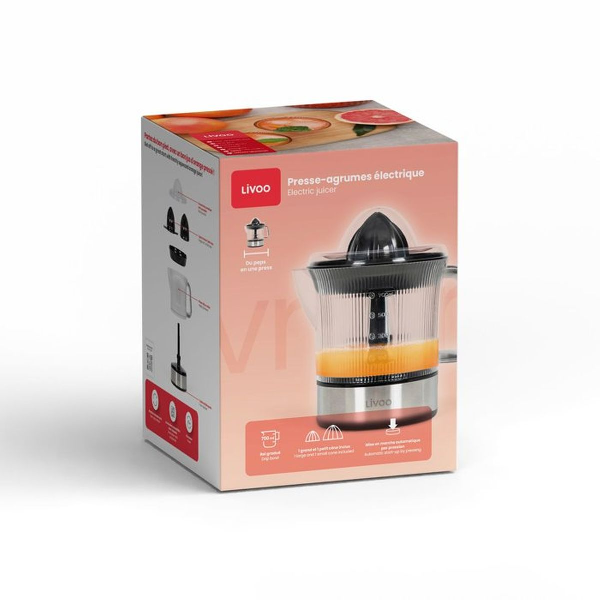 Confezione di un spremiagrumi elettrico Livoo con l'immagine del dispositivo e succo d'arancia.