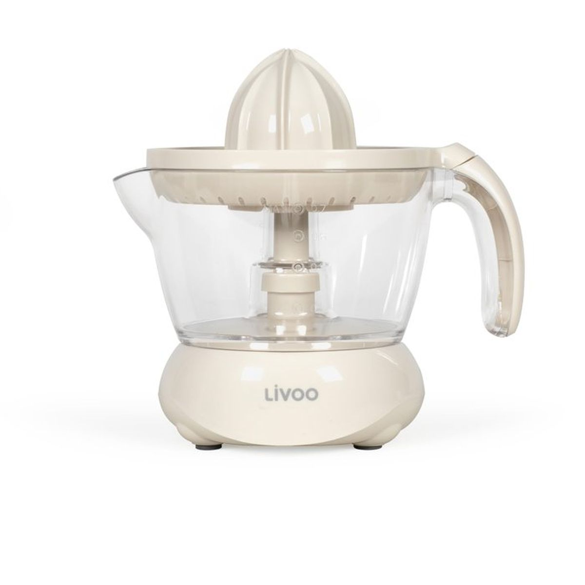Un spremiagrumi elettrico beige con contenitore trasparente e manico su sfondo bianco.