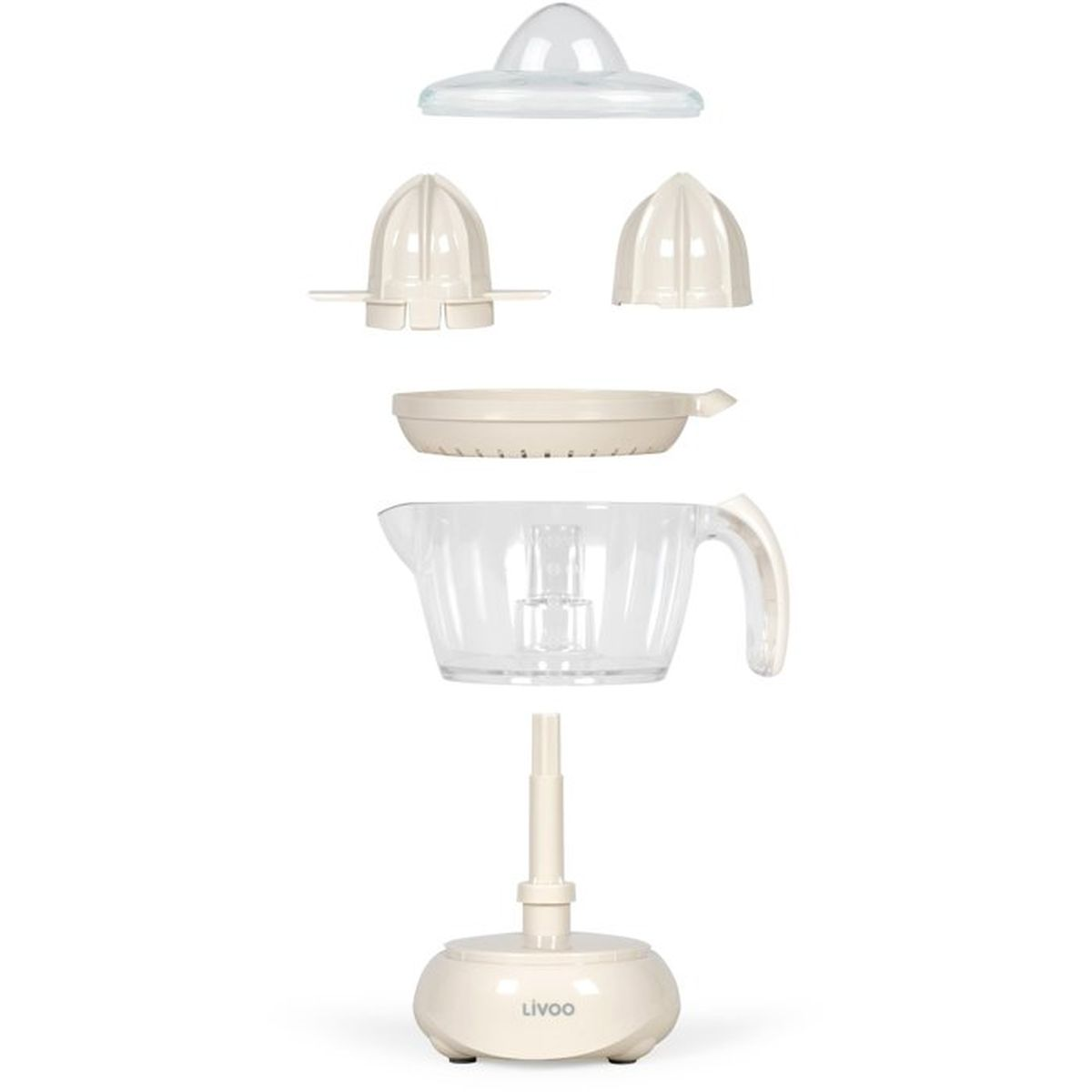 Uno spremiagrumi elettrico beige è mostrato smontato nelle sue singole parti su sfondo bianco.