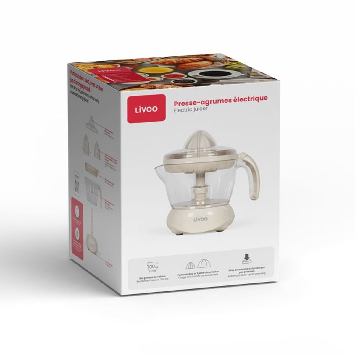 Scatola del prodotto per uno spremiagrumi elettrico Livoo beige con l'apparecchio e le caratteristiche su sfondo bianco.