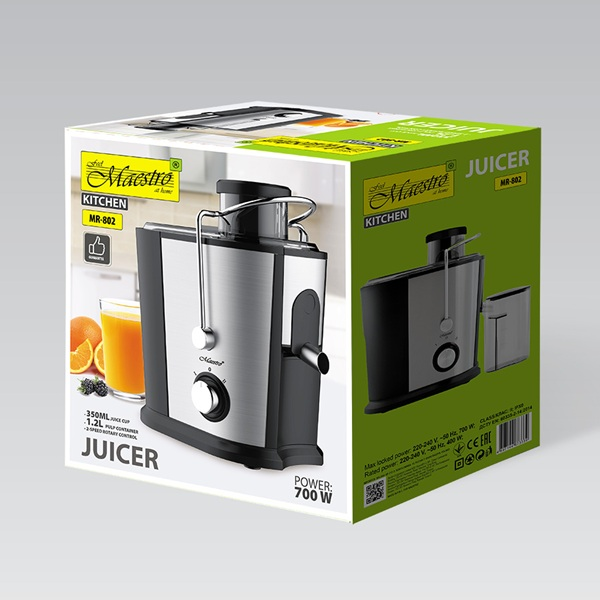 Confezione del centrifuga Maestro MR-802, nero e argento da 700W, con arance e un bicchiere di succo illustrati.