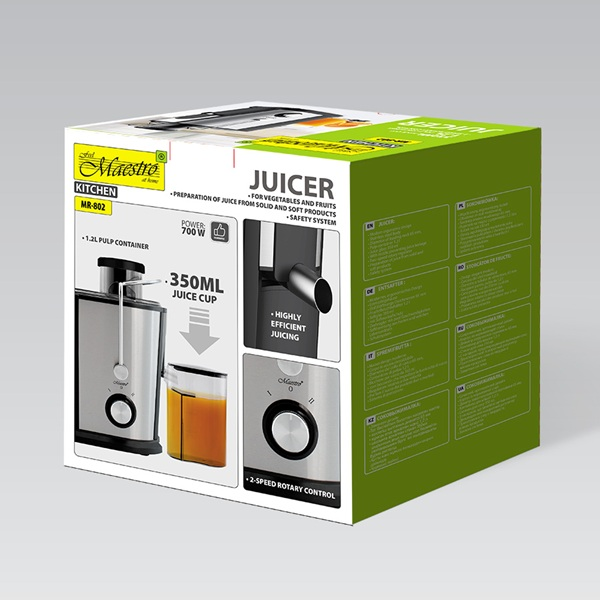 Scatola di prodotto verde per la centrifuga Maestro Kitchen MR-802, con immagini dell'apparecchio e dettagli tecnici.