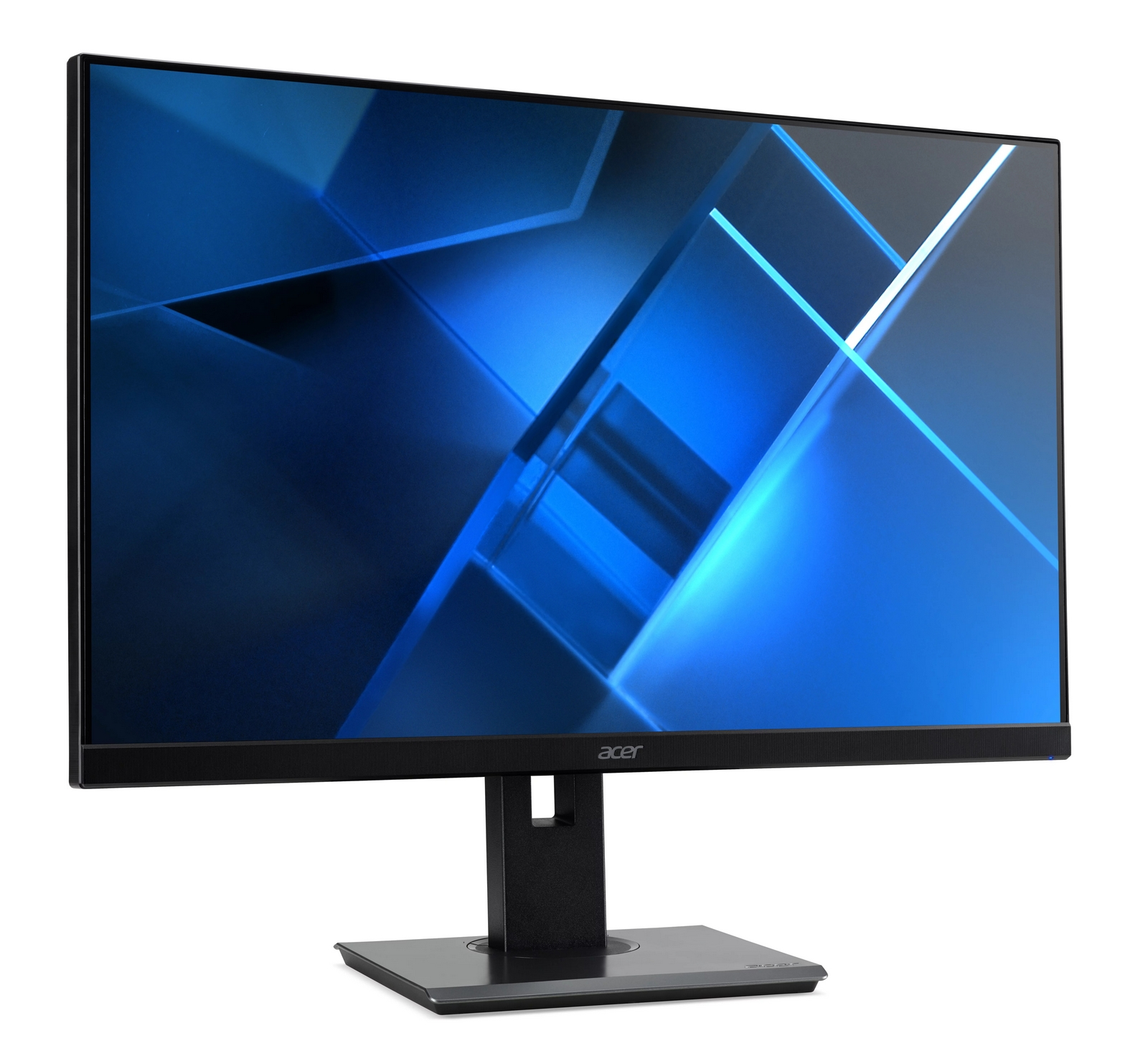 Un monitor per computer Acer nero mostra uno sfondo geometrico astratto blu.