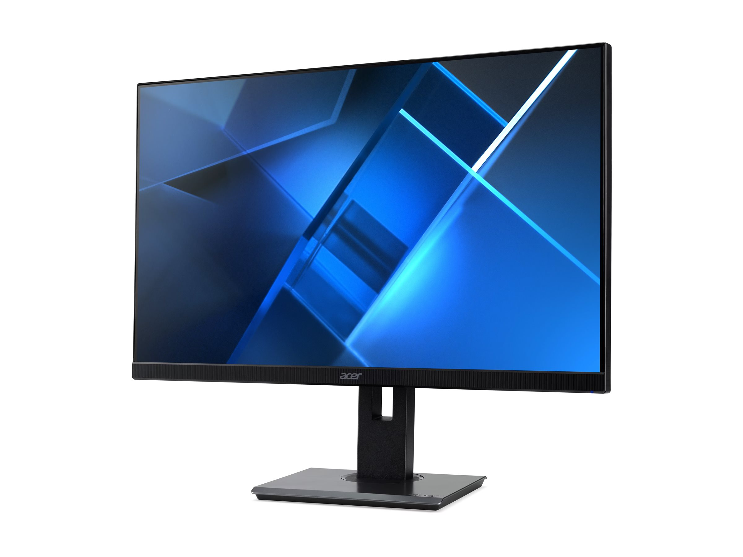 Un monitor Acer nero con cornici sottili mostra uno sfondo astratto blu su sfondo bianco.