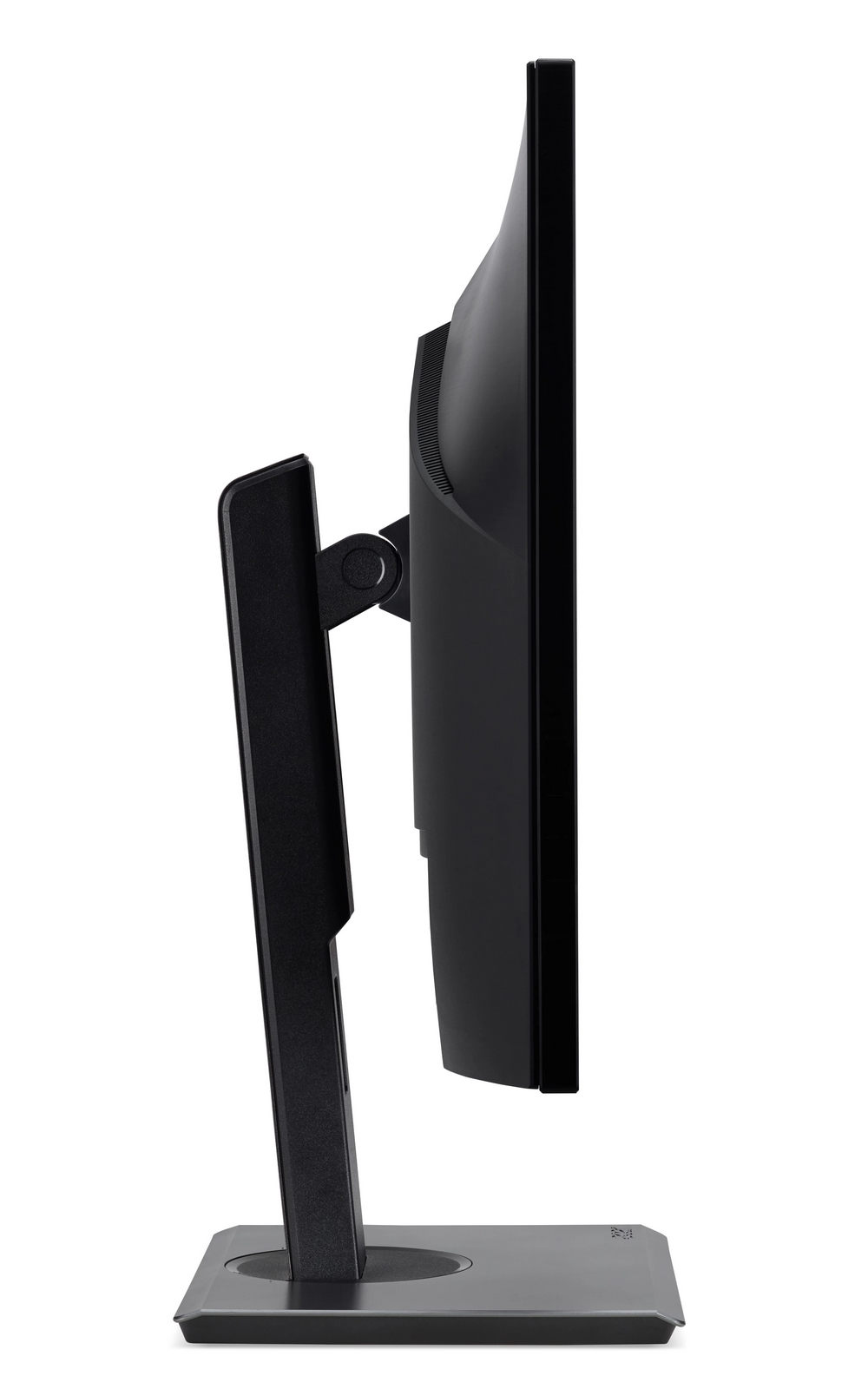Vista laterale di un monitor nero su supporto con sfondo bianco.