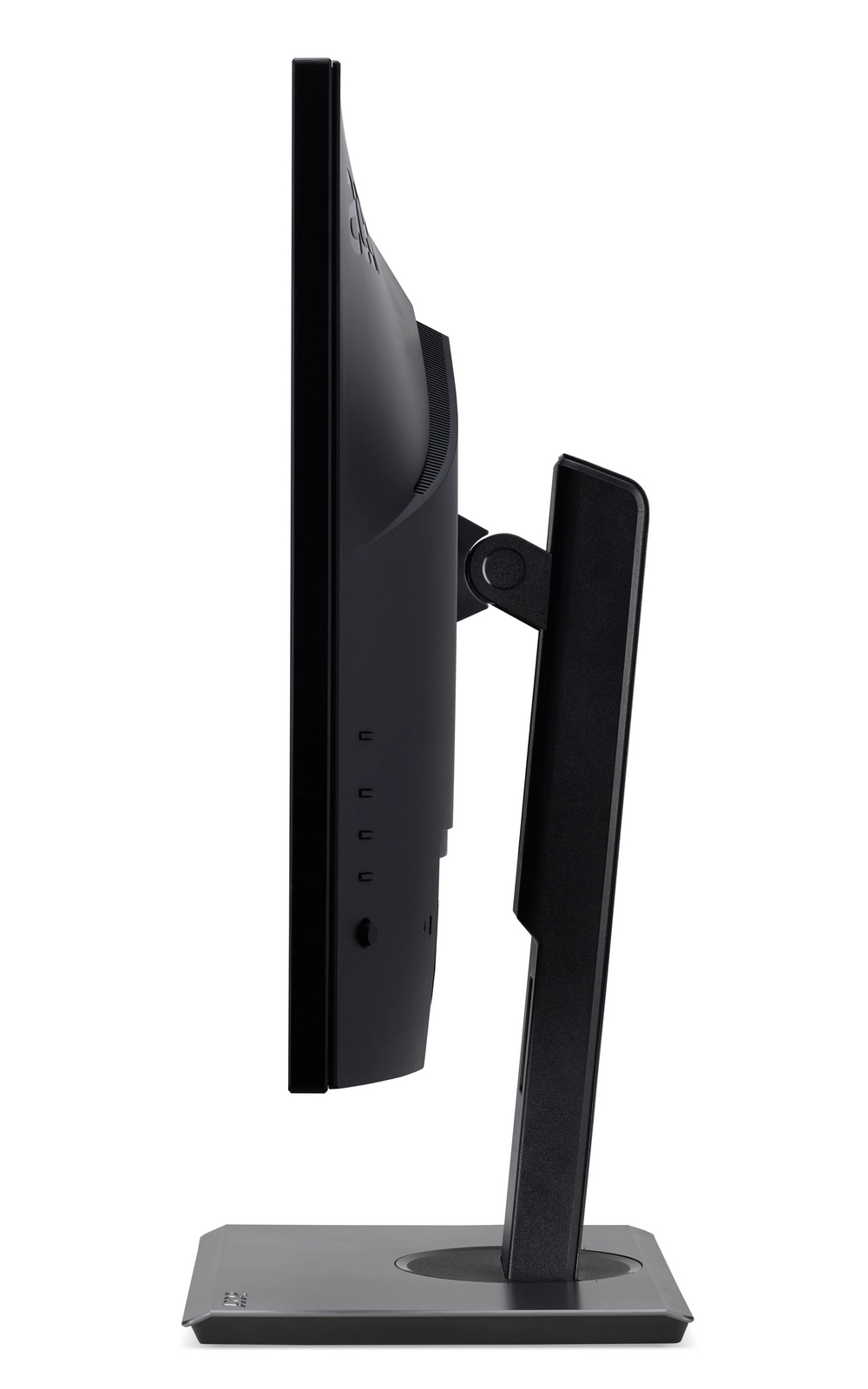 Vista laterale di un monitor per computer nero su supporto con sfondo bianco.