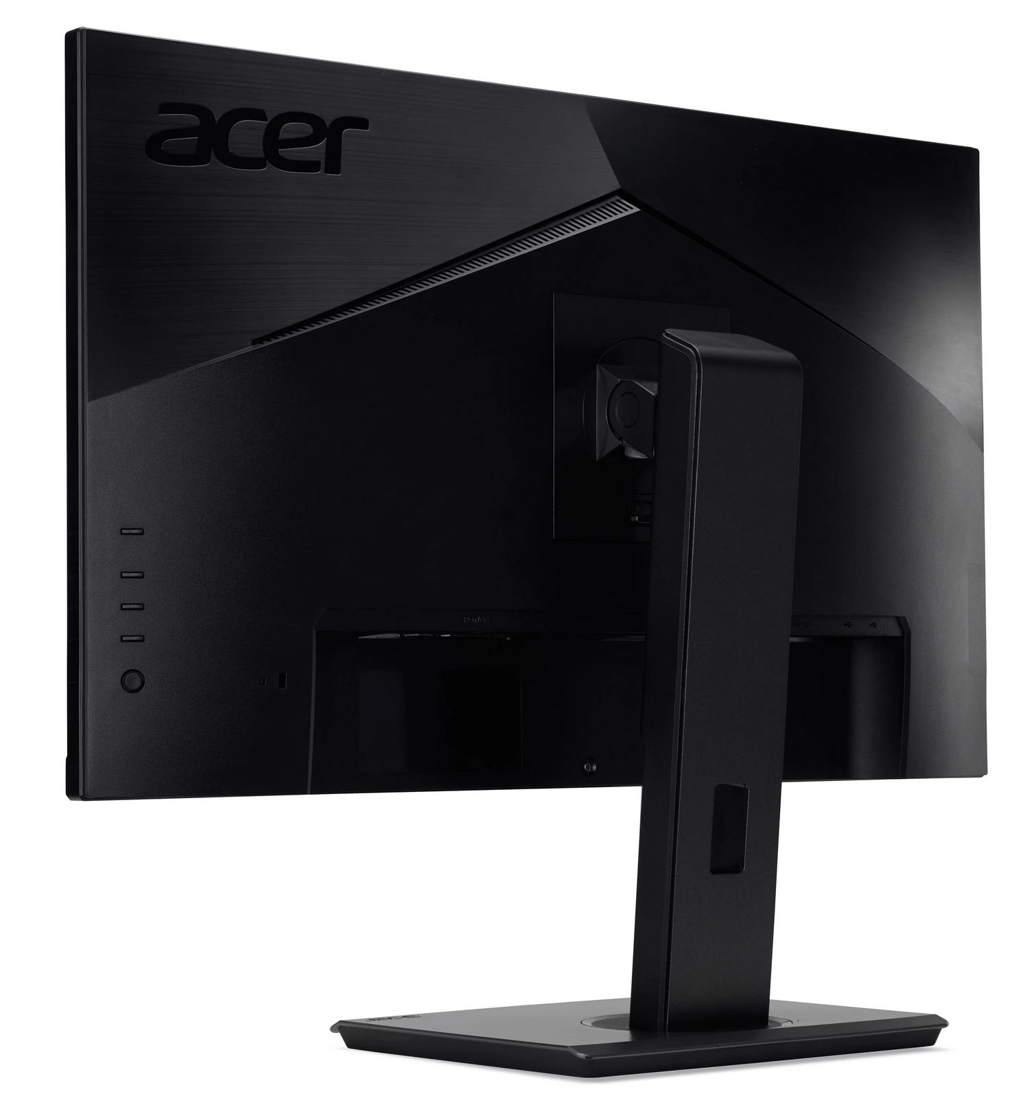 Vista posteriore di un monitor per computer Acer nero con pulsanti laterali e una robusta base.