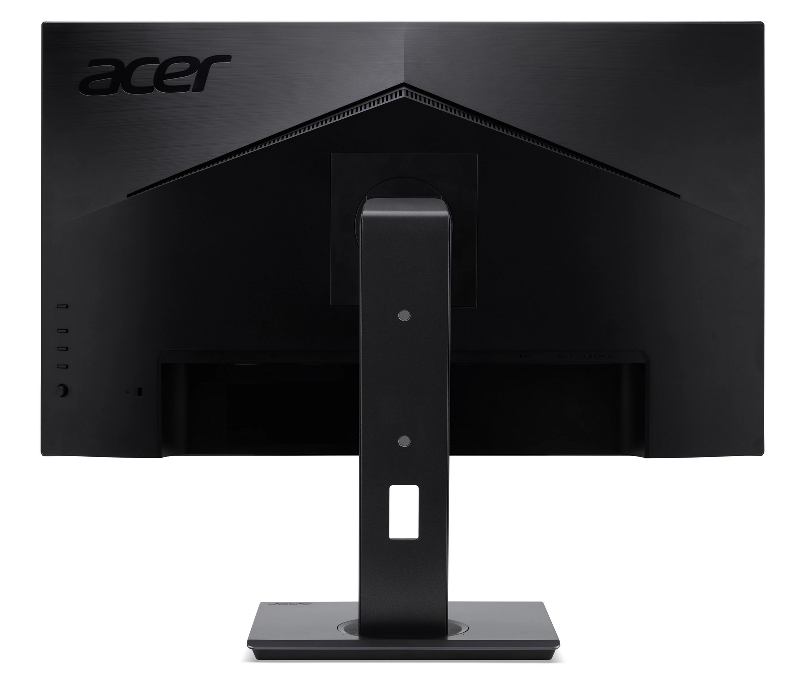 Vista posteriore di un monitor per computer Acer nero con supporto su sfondo bianco.