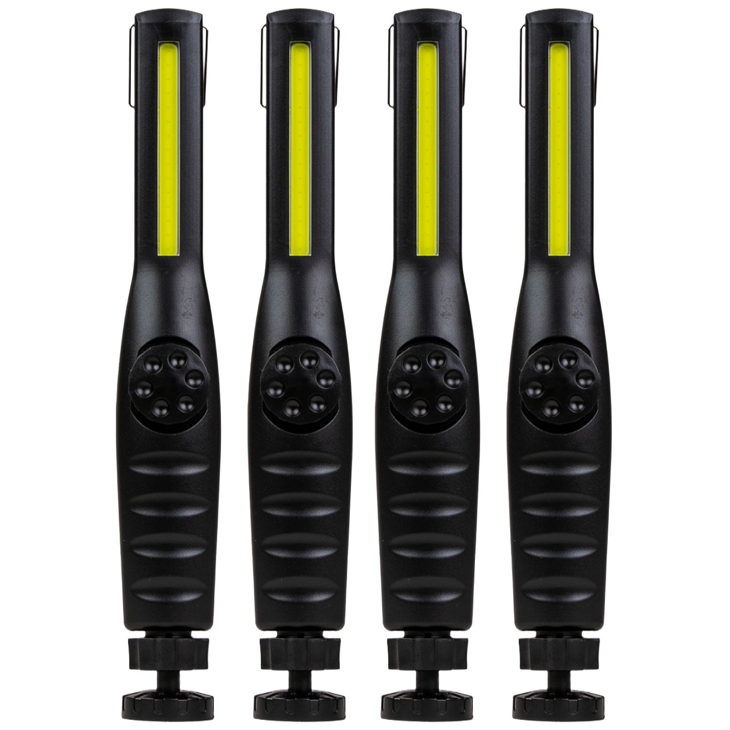 Vier schwarze LED-Arbeitslampen nebeneinander auf weißem Grund.