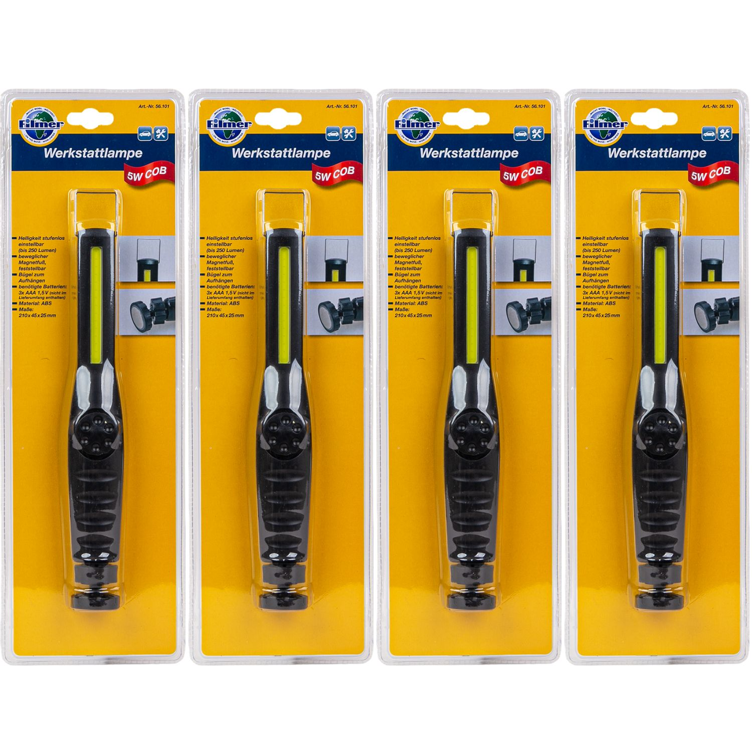 Vier identische Verpackungen mit schwarzen LED-Werkstattlampen auf gelbem Karton mit Text.