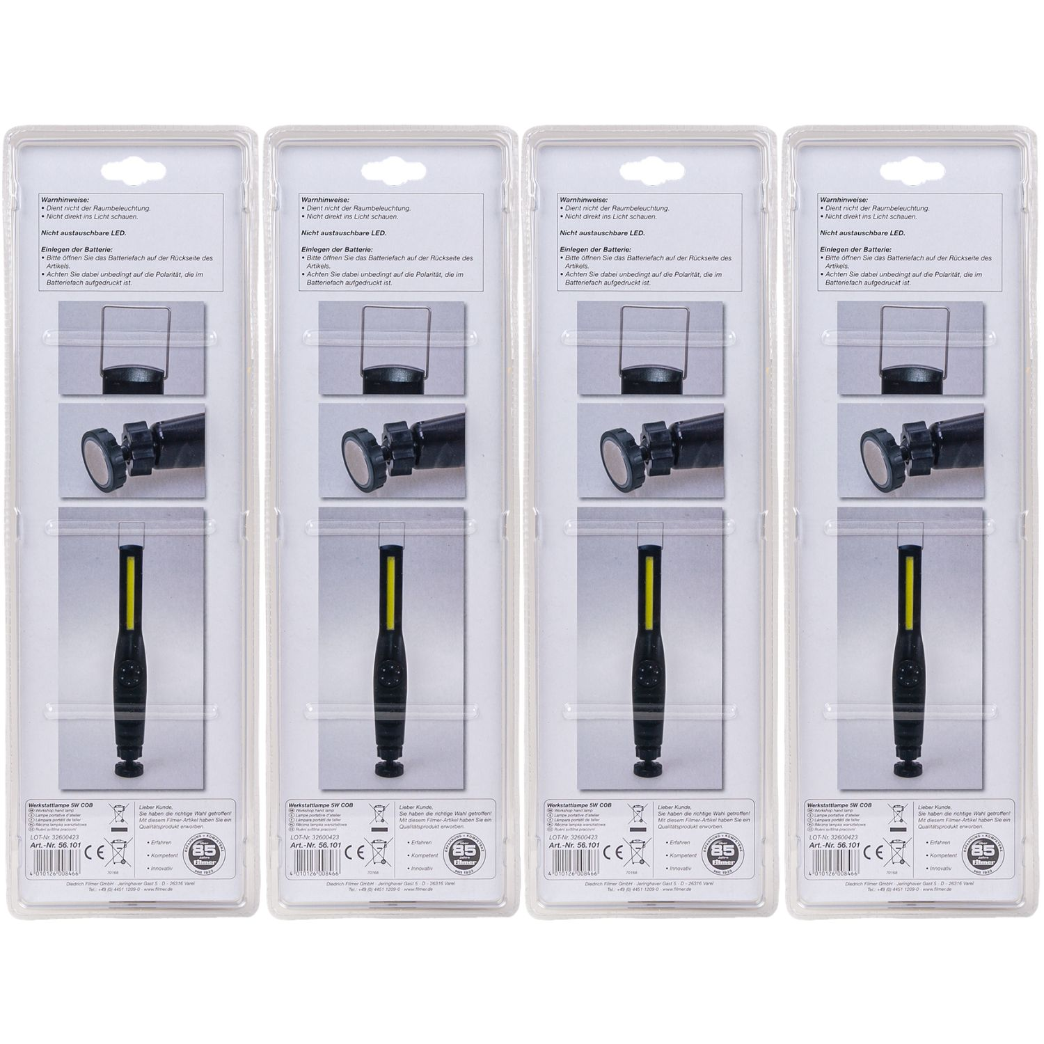 Vier identische Blisterpackungen mit COB-LED-Werkstattlampen und Gebrauchsanweisung auf weißem Hintergrund.