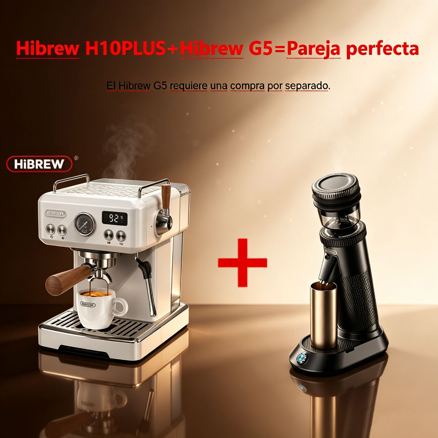 Cafetera espresso blanca Hibrew y molinillo negro Hibrew G5 con un signo más rojo entre ellos.