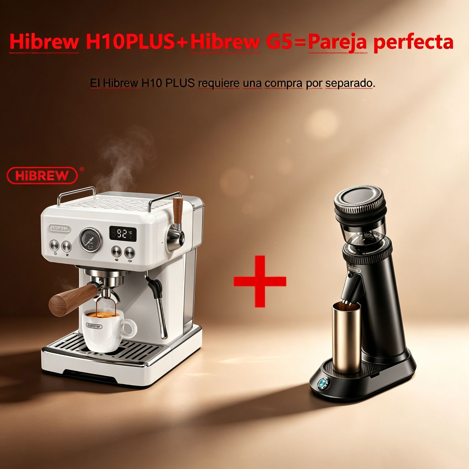 Cafetera blanca Hibrew y molinillo negro sobre fondo marrón.