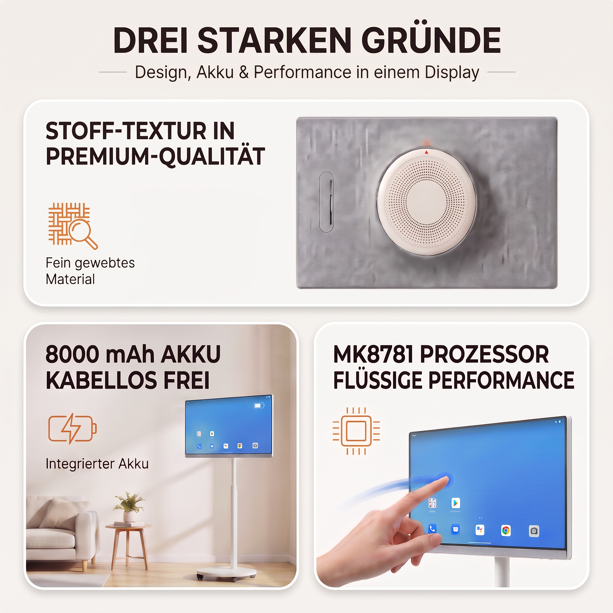 Infografik zeigt drei Produktvorteile: Stofftextur, integrierten Akku und Prozessorleistung.