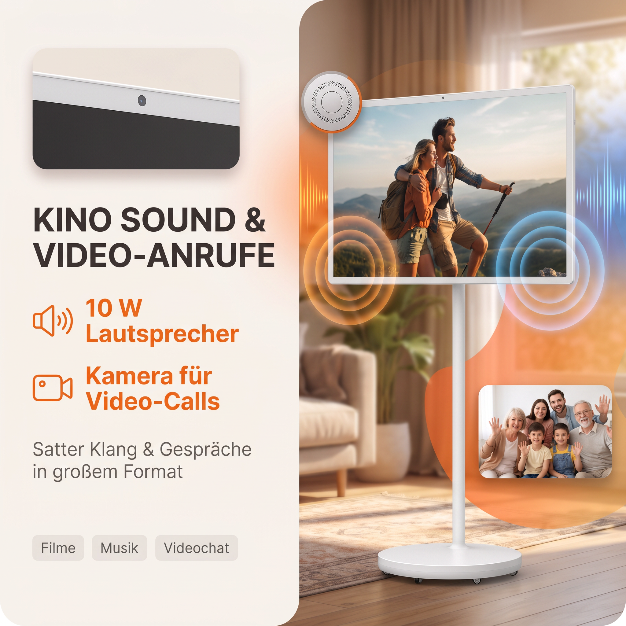 Ein mobiler Bildschirm zeigt ein Paar in den Bergen und einen Videoanruf mit einer Familie.