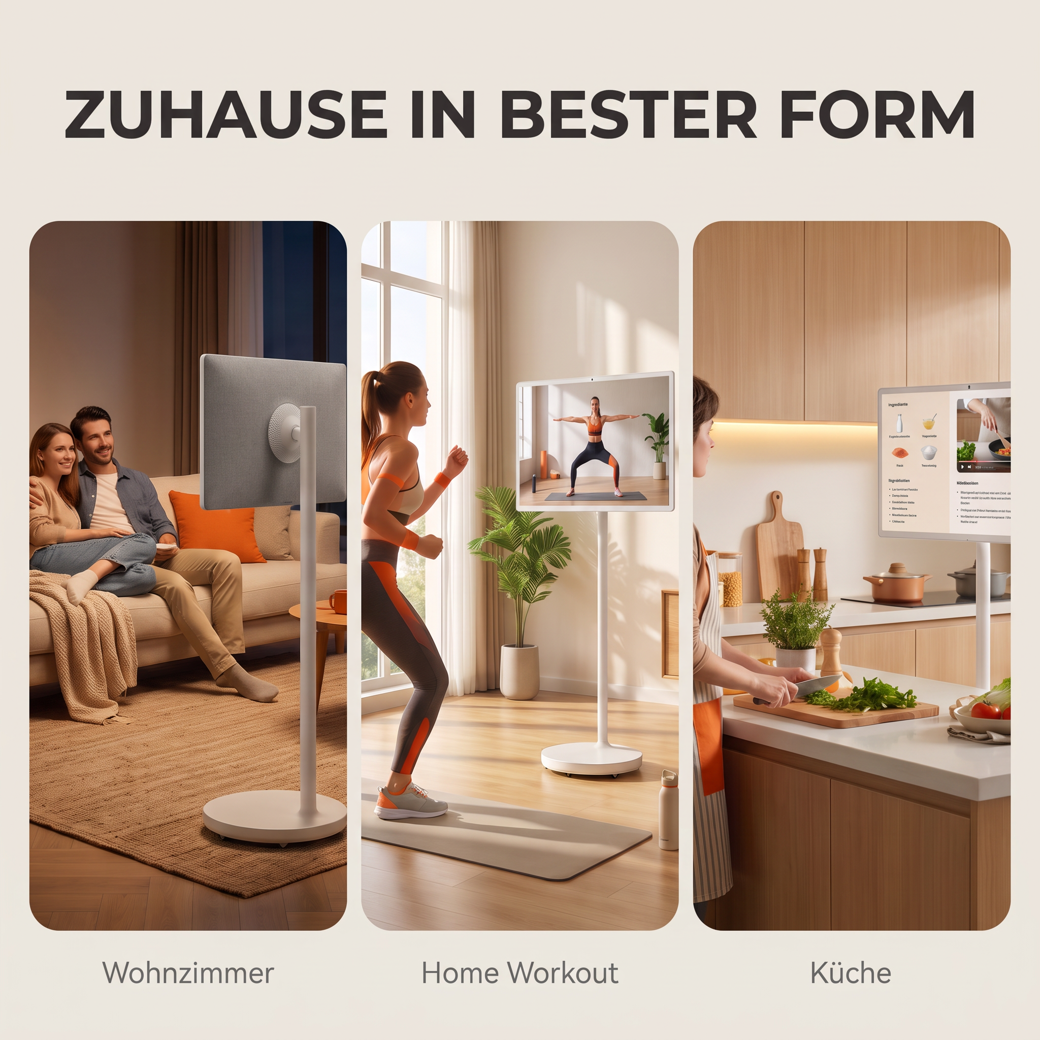 Drei Szenen zeigen einen flexiblen Bildschirm beim Fernsehen im Wohnzimmer, beim Workout und beim Kochen.