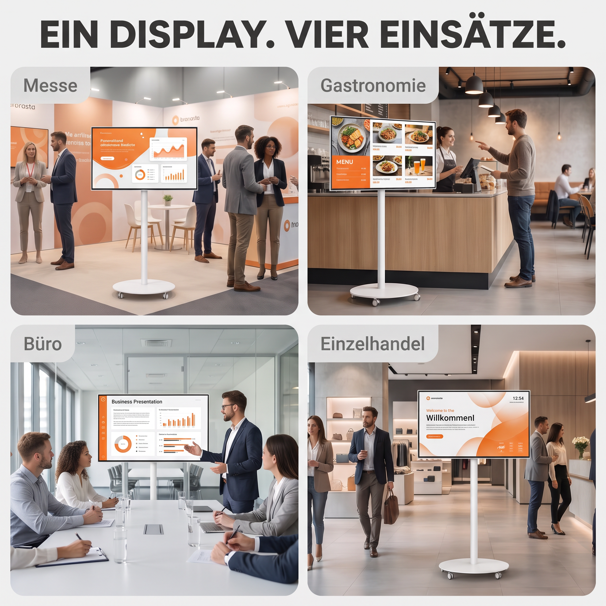 Vier Bilder zeigen einen mobilen Displayständer auf Messen, in der Gastronomie, im Büro und im Einzelhandel.