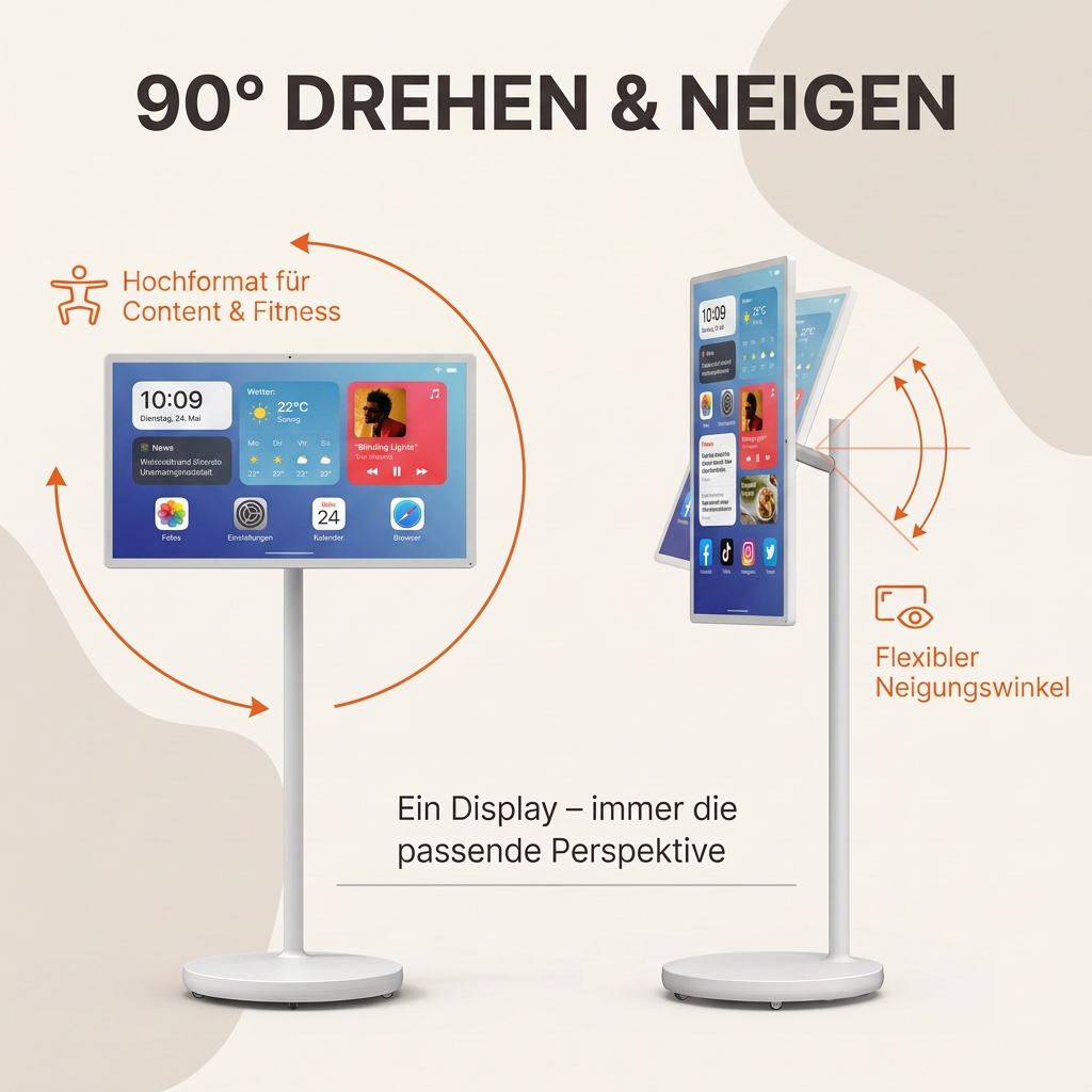 Ein weißer Bildschirm auf einem Ständer, um 90 Grad drehbar und neigbar.