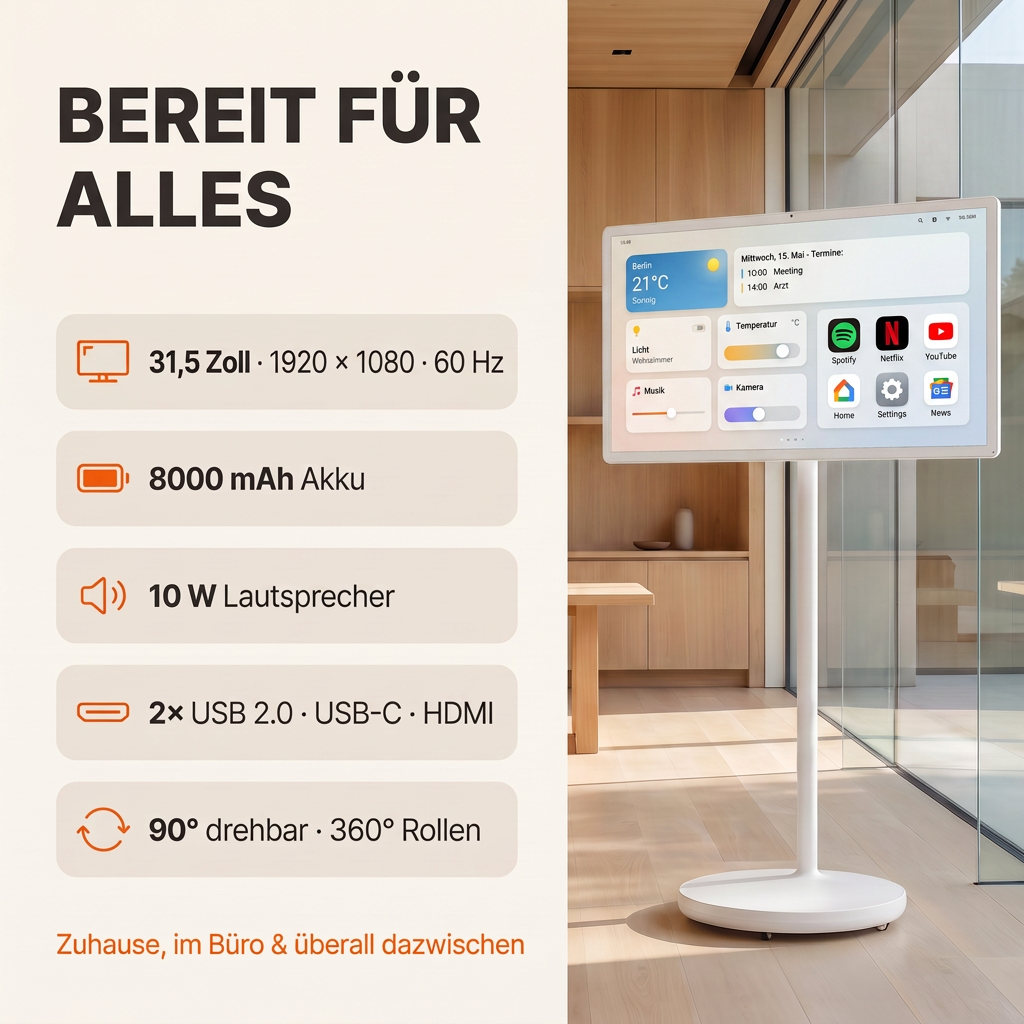 Infografik mit Produktfeatures links und einem mobilen Touchscreen-Display auf einem Ständer rechts in einem Raum.