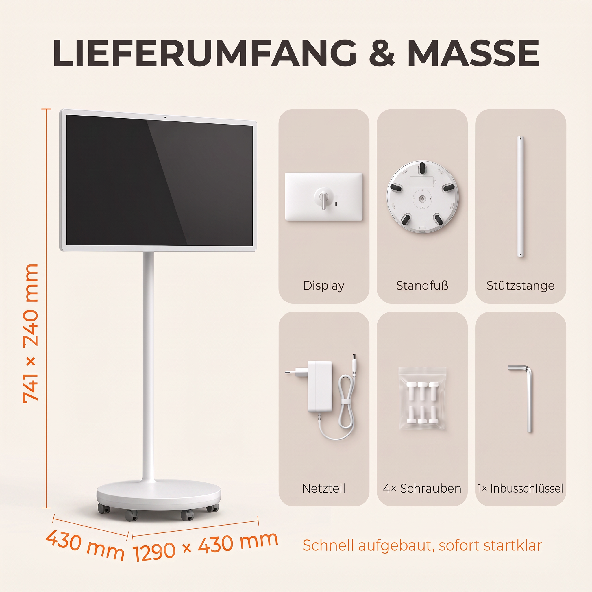 Diagramm zeigt Lieferumfang und Maße eines weißen Displays auf Rollständer mit Zubehörteilen.