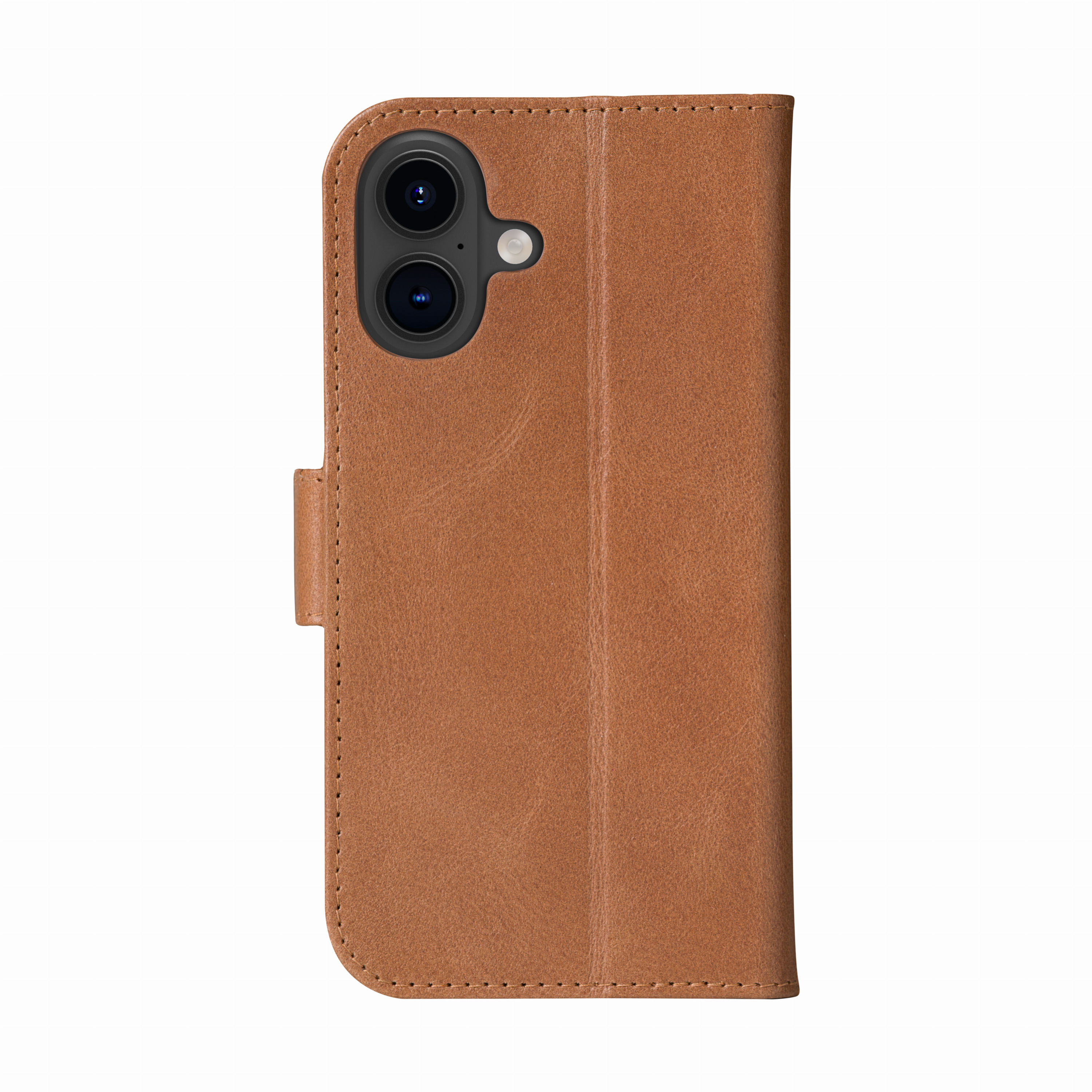 Custodia per cellulare in pelle marrone con doppia fotocamera e flash su sfondo bianco.